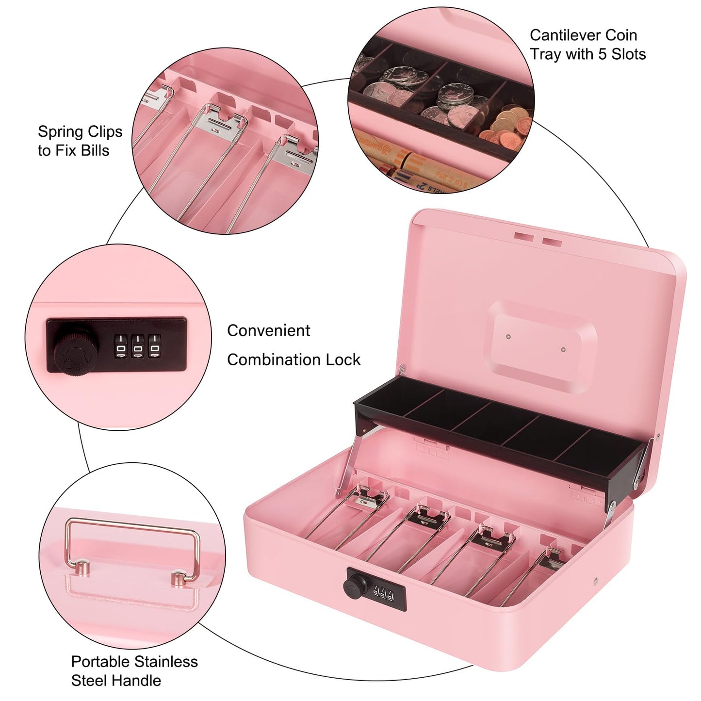 Cash Box with Combination Lock, Metal Money Box for Cash Register, Large Cash Lock Box for Money Safe 11.8" x 9.4" x 3.54" Pink