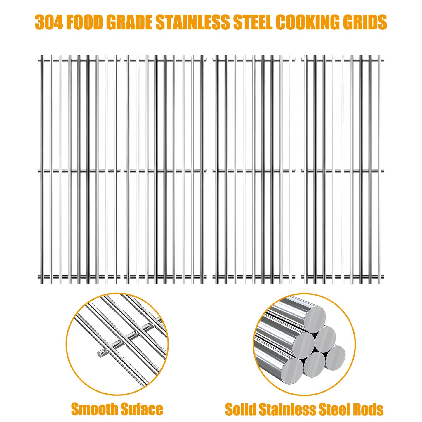 BBQ-PLUS Stainless Solid Rod Cooking Grate Grids Replacement for Broil-Mate, Broil King 9625-67, 9625-84, Baron 320, Baron 340, Baron 440, Huntington and Sterling 4Pcs