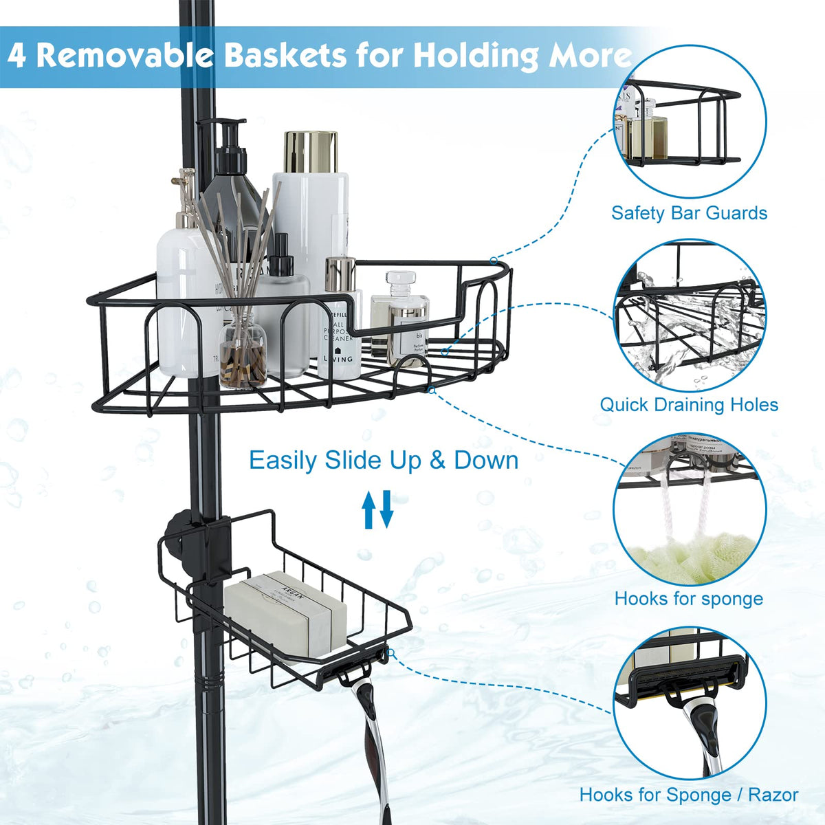 Tension Shower Caddy, Rustproof Corner Shower Caddy Stand Storage Organizer with Tension Pole for Bathroom Bathtub Shampoo Soap Plants, 4 Tier Adjustable Shelves, 54 to 125 Inch