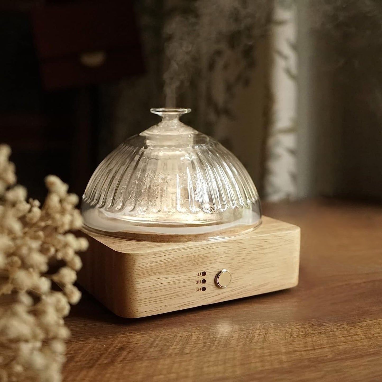Glass Dome Essential Oil Diffuser with Glass Reservoir & Wood Base-Plastic Free, 200ml Ultrasonic Glass Diffuser for Aromatherapy with Timer 7 Color Light Auto-Off for Gift Home Office Yoga Pilates