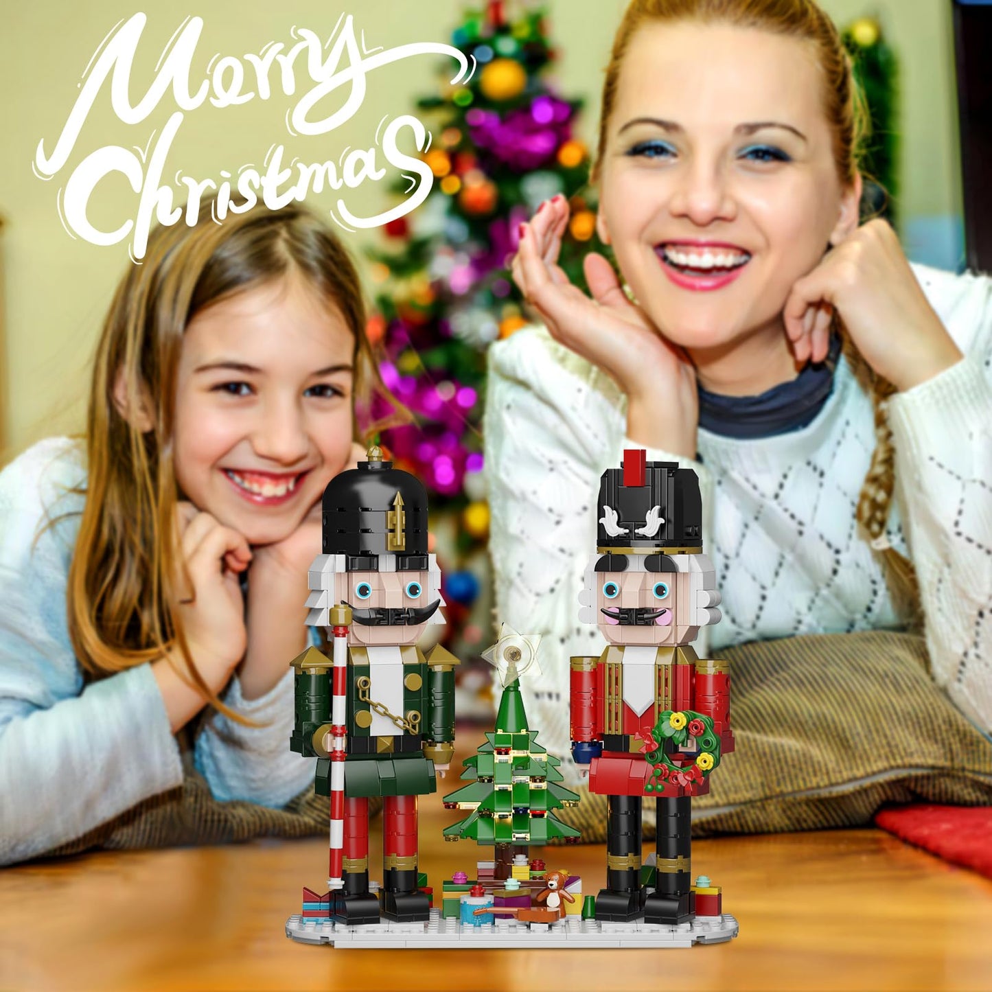 Christmas Nutcracker Building Kit with LED Light,Xmas Decorative Nutcracker Building Sets,Contains Christmas Tree,Wreath,Cane,Compatible with Lego,Festival Gift (690 Pcs)