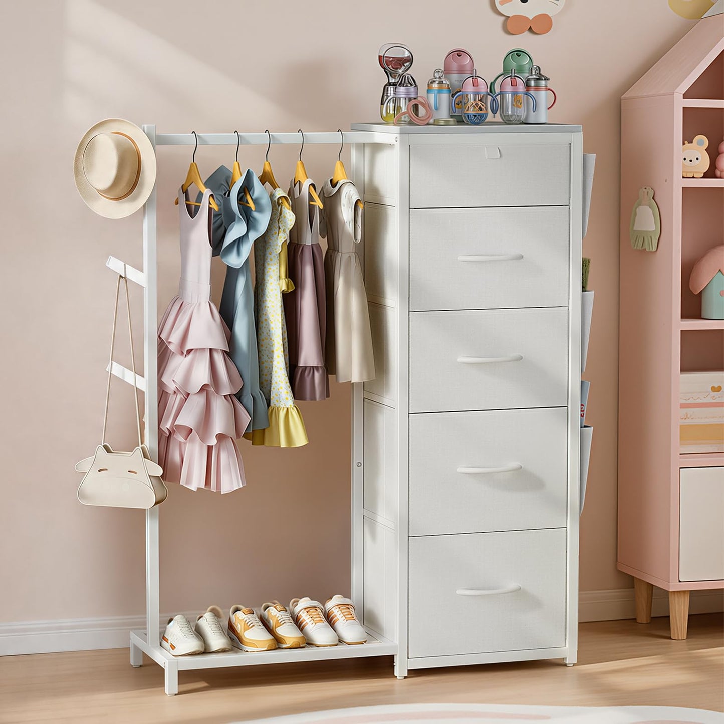 Luxspire Dresser with Hanging Rack, Reversible Dresser for Entryway with 5 Fabric Storage & 3 Coat Racks & Side Pockets Small Closet with Clothes Rack, White