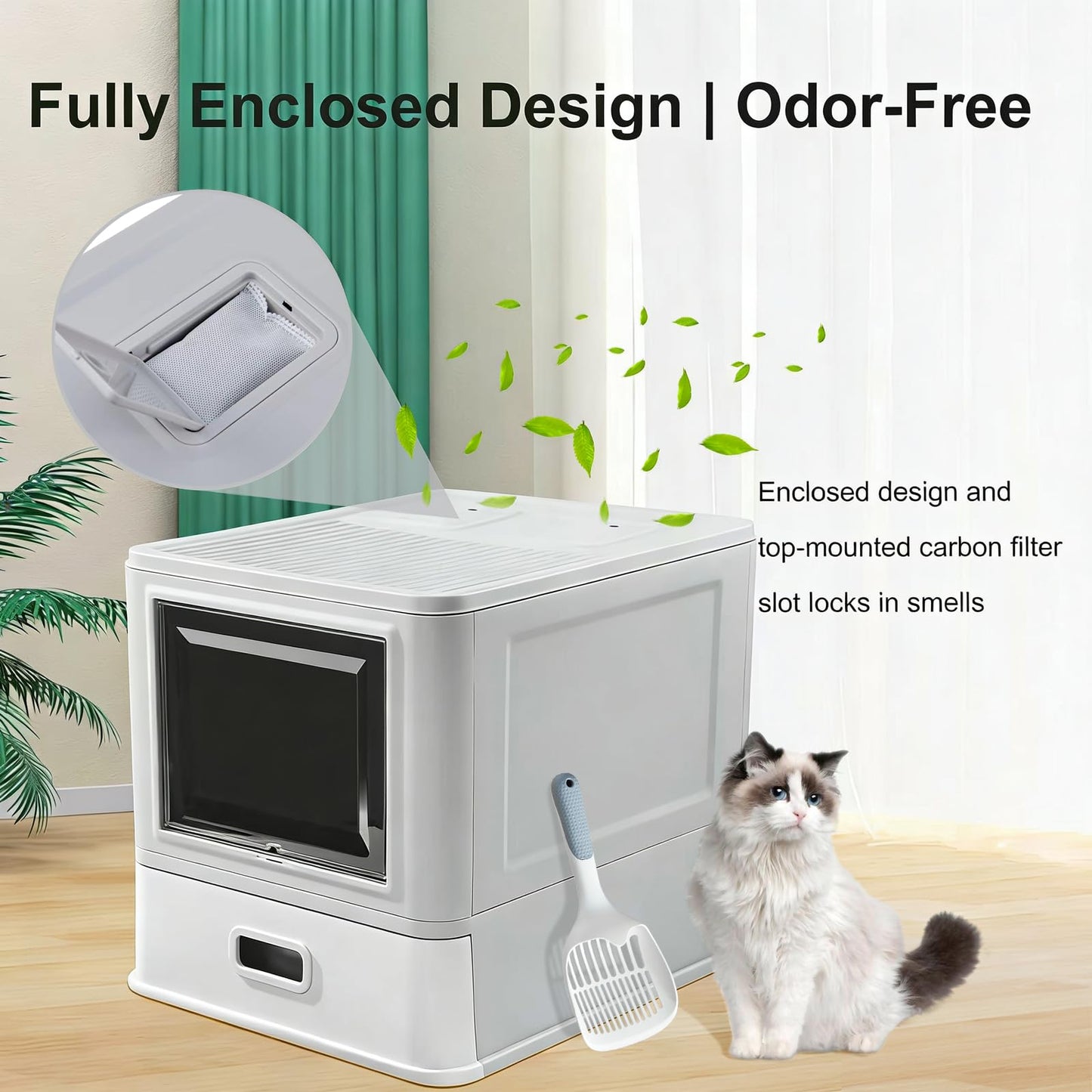 Marchul Enclosed Stainless Steel Cat Litter Box with Lid & Drawer Design, XL Extra Large for Indoor Cats, Metal Covered Cat Litter Box, Baffles for Anti-Leakag, with Litter Scoop & Litter Mat