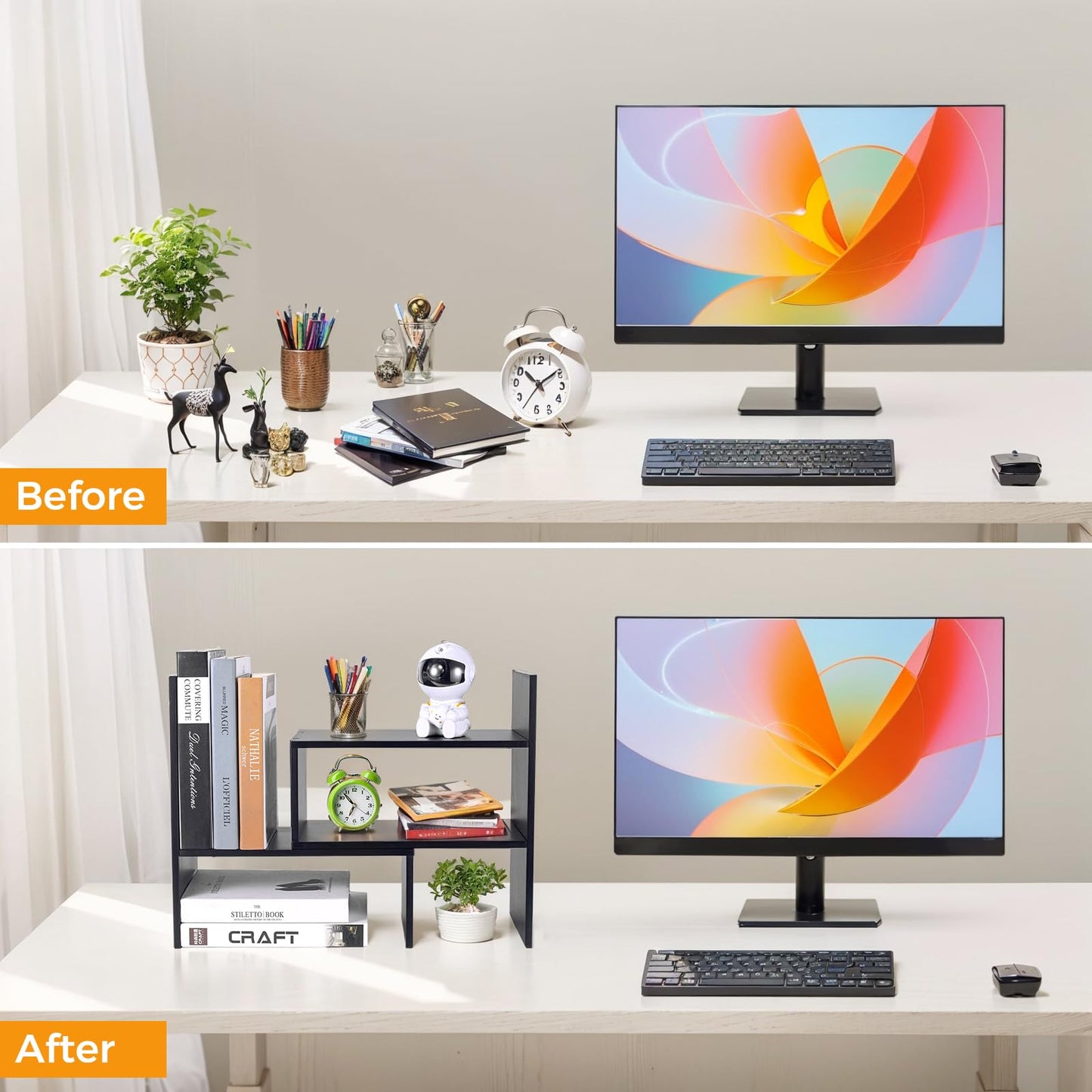 Olyzer Desktop Bookshelf Organizer, Adjustable Display Shelf Rack Office Storage Desk Shelf Free Style Display Stand Shelf Rack for Home Decor, Office (Black)