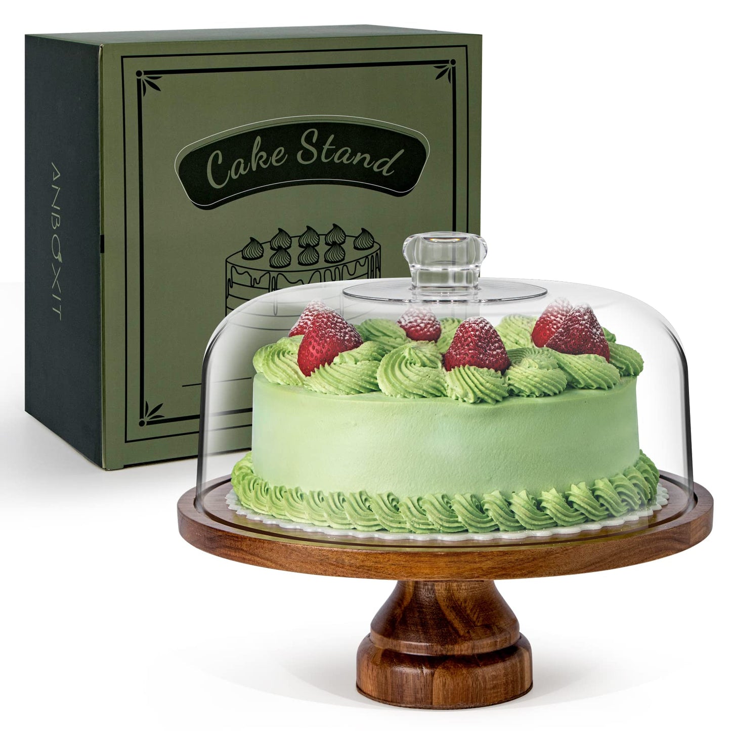 ANBOXIT Cake Stand with Dome Lid, Acacia Wood Cake Plate with Cover, Wooden Cake Display Stand with Acrylic Dome - Footed