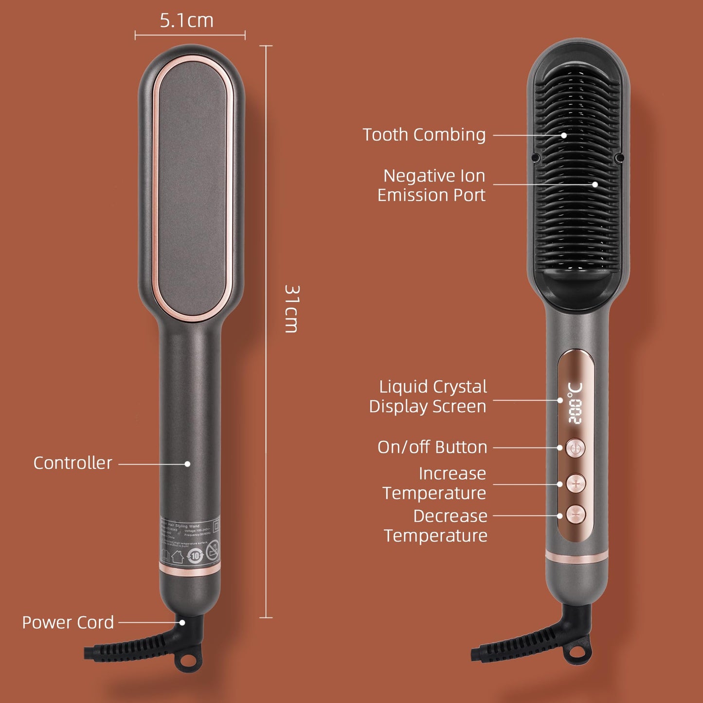 Hair Straightener Brush, 2 in 1 Flat Iron & Hair Brush for Straightening Hair, Anti-Scald Hot Straightening Comb with Negative Ions, 30s Fast Heating, 9 Temp Settings (120℃~200℃) and LED Display