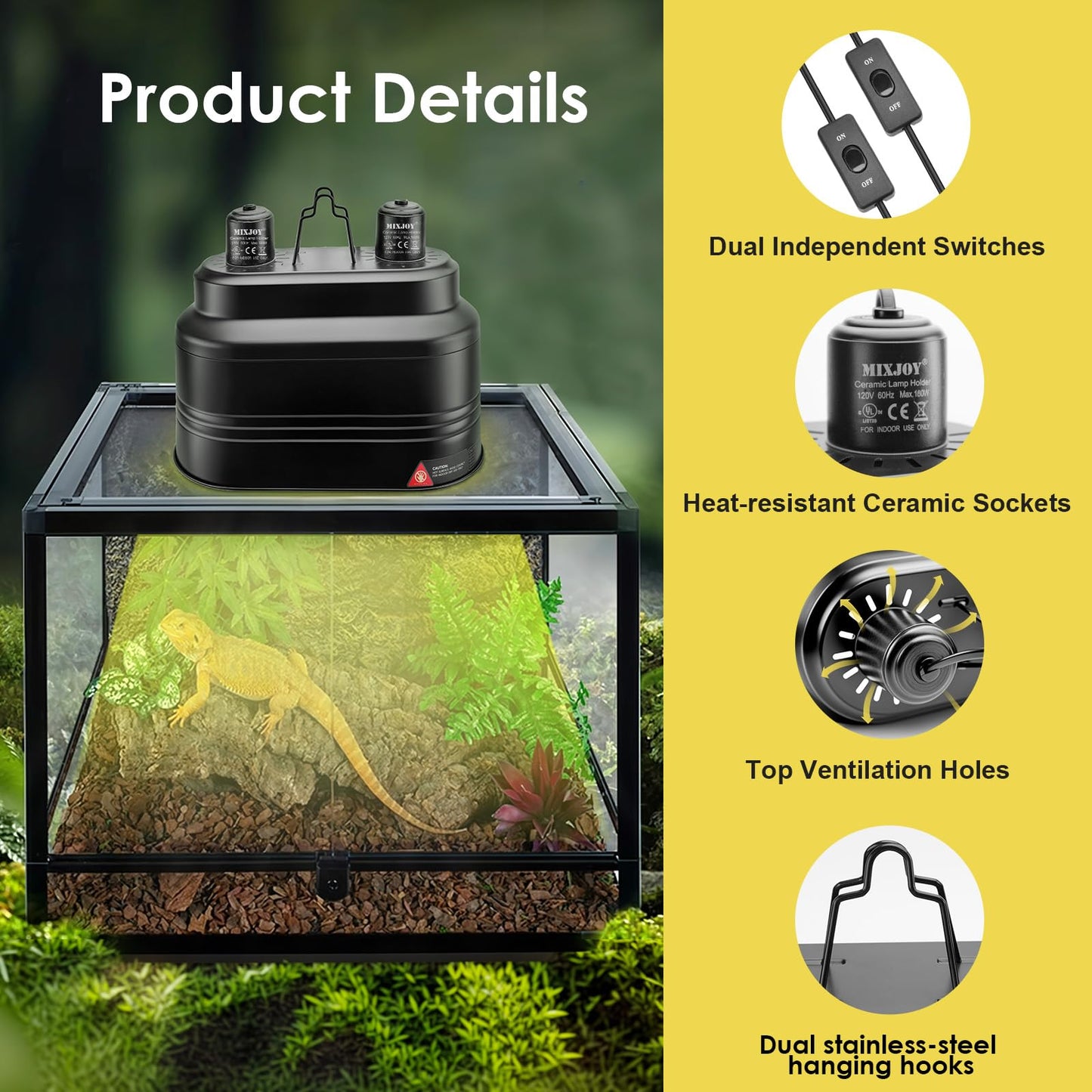 MIXJOY Dual Reptile Light Fixture, Max 160W Each Heat Lamp Fixture with Separate Switches, Fits Reptile Light/Heat Lamp/UVB Light for Lizards, Turtles, Snakes, and Amphibians
