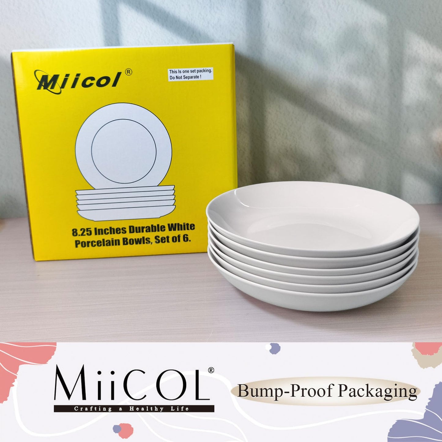 Miicol White Pasta Bowls 28 oz / 800ml, Ceramic Salad Bowls Set of 6, Wide and Shallow Serving Bowl 8.25 inch / 21cm, Large Pasta Plates, Serving Dish for Soup, Dinner, Microwave and Dishwasher Safe