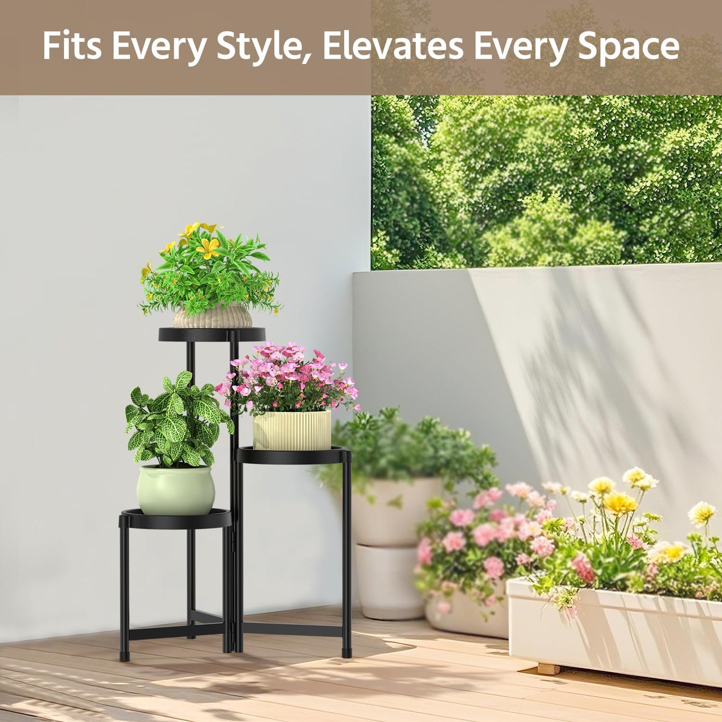 LASZOLA 3 Tiered Folding Plant Stand Indoor for Multiple Large Planter, Tall Heavy Duty Adjustable Rack with Rust Proof Plastic Shelving, Sturdy Vertical Tree Organizer for Narrow Inside Floor, Black