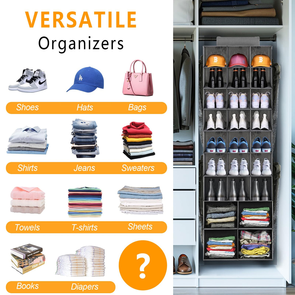 Hanging Shoe Organizer for Closet, Hanging Shoe Storage Rack Holder Shelves,Collapsible Shoe Closet Organizers and Storage with 4 Large Side Pockets,25 Sections for Shoes,Hats,Clothes(Gray)