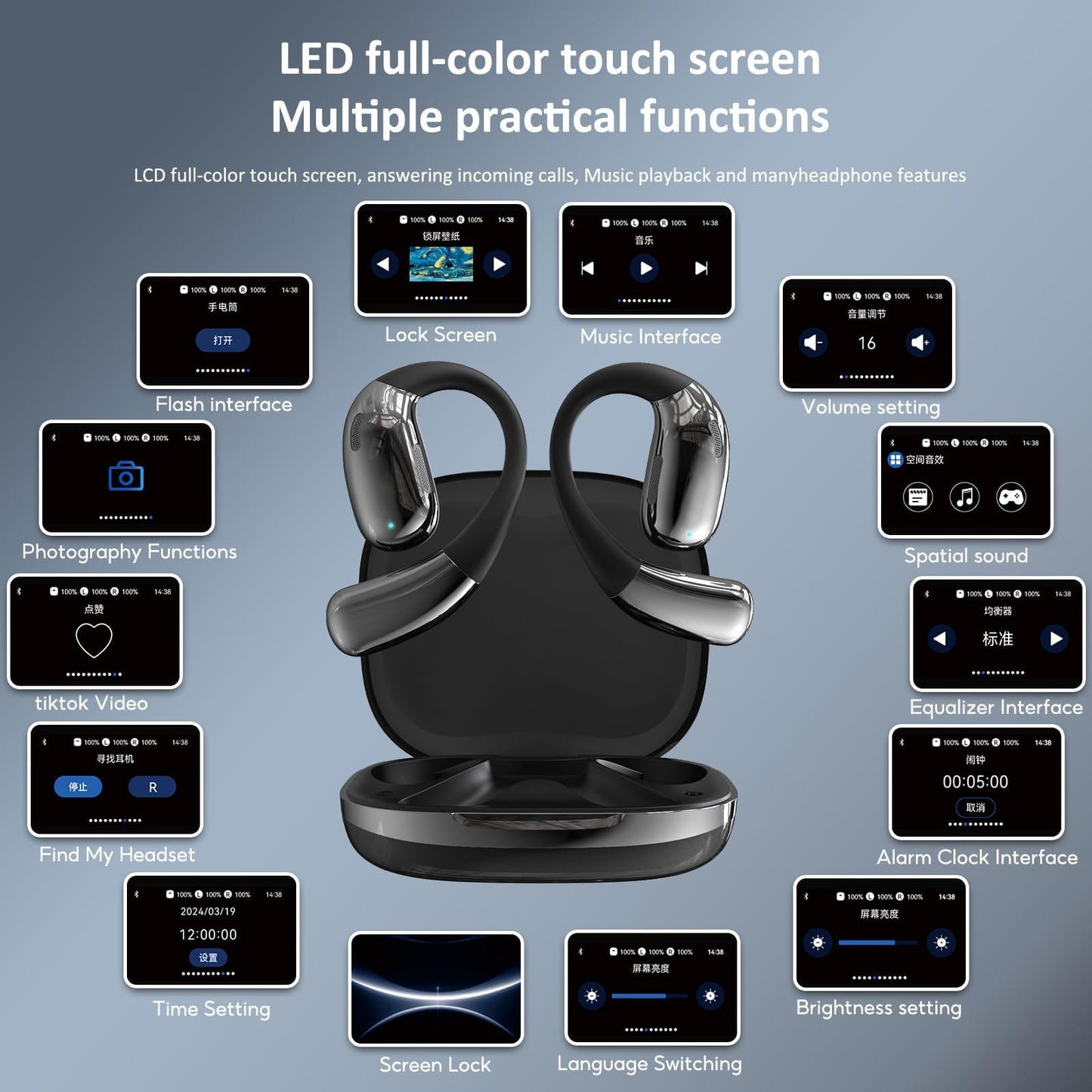 AI Language Translation Earbuds, Open Ear Earphones, LCD Touchscreen Bluetooth 5.4 Translator Earbuds, Real-time Translation for 142 Languages & Accents, for Business, Meeting, Travel