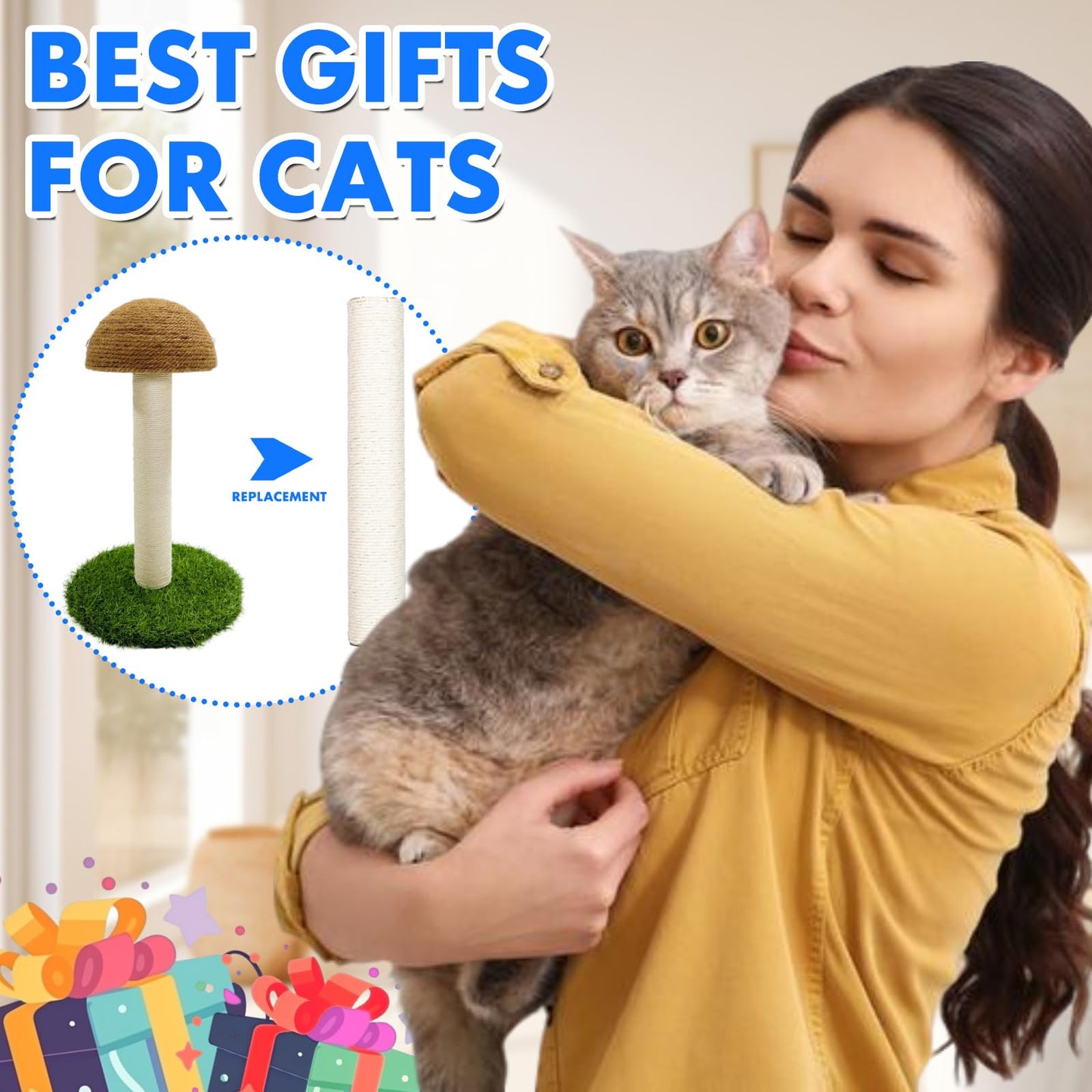 PowerKing 4-Pack 15.7" Cat Scratching Post Replacement - Natural Sisal Rope Scratcher Poles with M8 Screws for Indoor Cat Tower Renewal Parts, Cat Furniture Refill Parts (White)