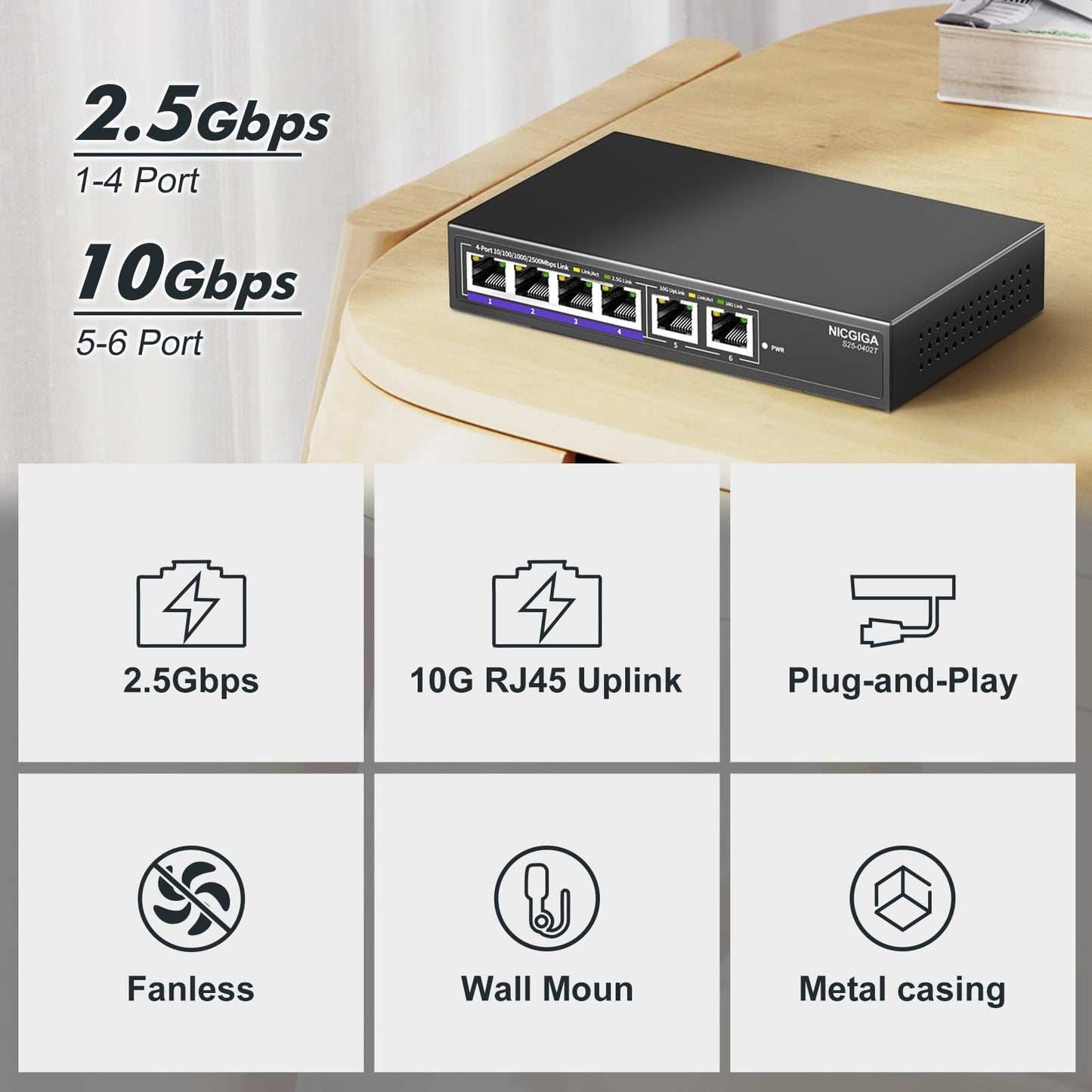 10Gbe Ethernet Switch Unmanaged with 2 x 10Gb RJ45 Ports ➕ 4 x 2.5Gb Base-T Ports, Desktop/Wall Mount NICGIGA 6 Port 10Gbps Network Switch for Wireless AP, NAS, PC