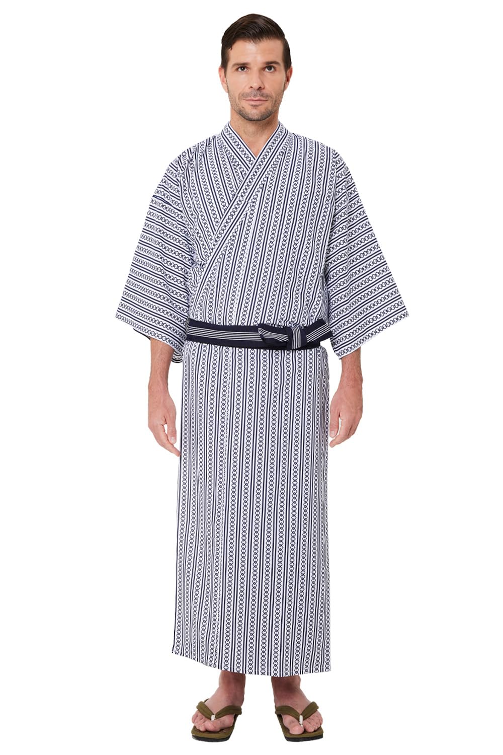 Koremono Mens Tatekan Yukata, Lightweight Summer Robe, 100% Cotton, Made in Japan (CA/US, Alpha, XX-Large, Big, Regular, White)