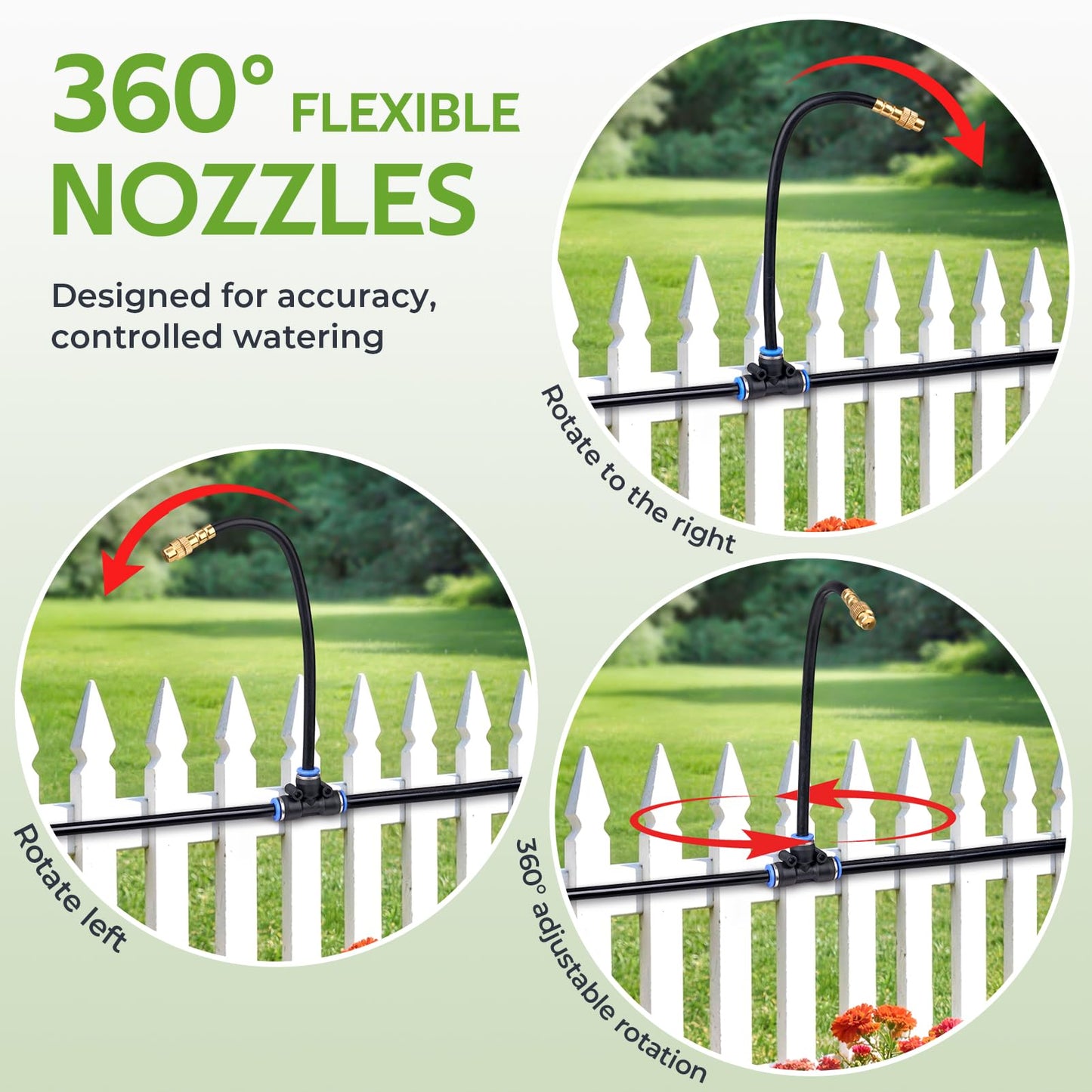 HIRALIY 360° Adjustable Drip Irrigation System 100FT, 1/4" Tubing with 16 Adjustable Copper Nozzles, Automatic Atomizing Watering Kit for Garden, Yard, Lawn, Greenhouse & Potted Plants