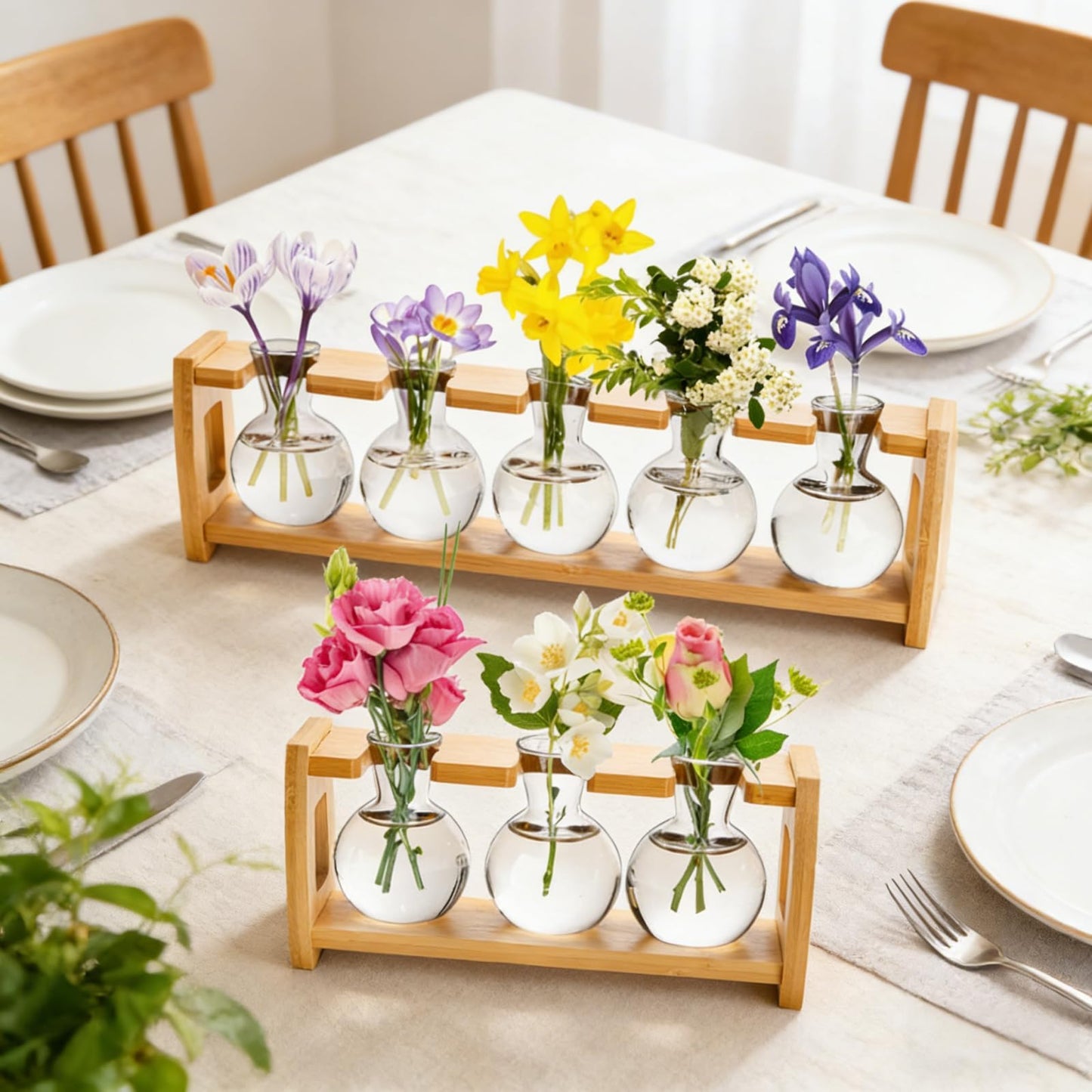Pumtus 2 Pack Plant Propagation Stations, Desktop Plant Terrarium with Wooden Stand, Water Propagation Station, Hydroponic Plants Vase with 8 Glass Bulbs, Small Propagated Plant Jar for Home Office