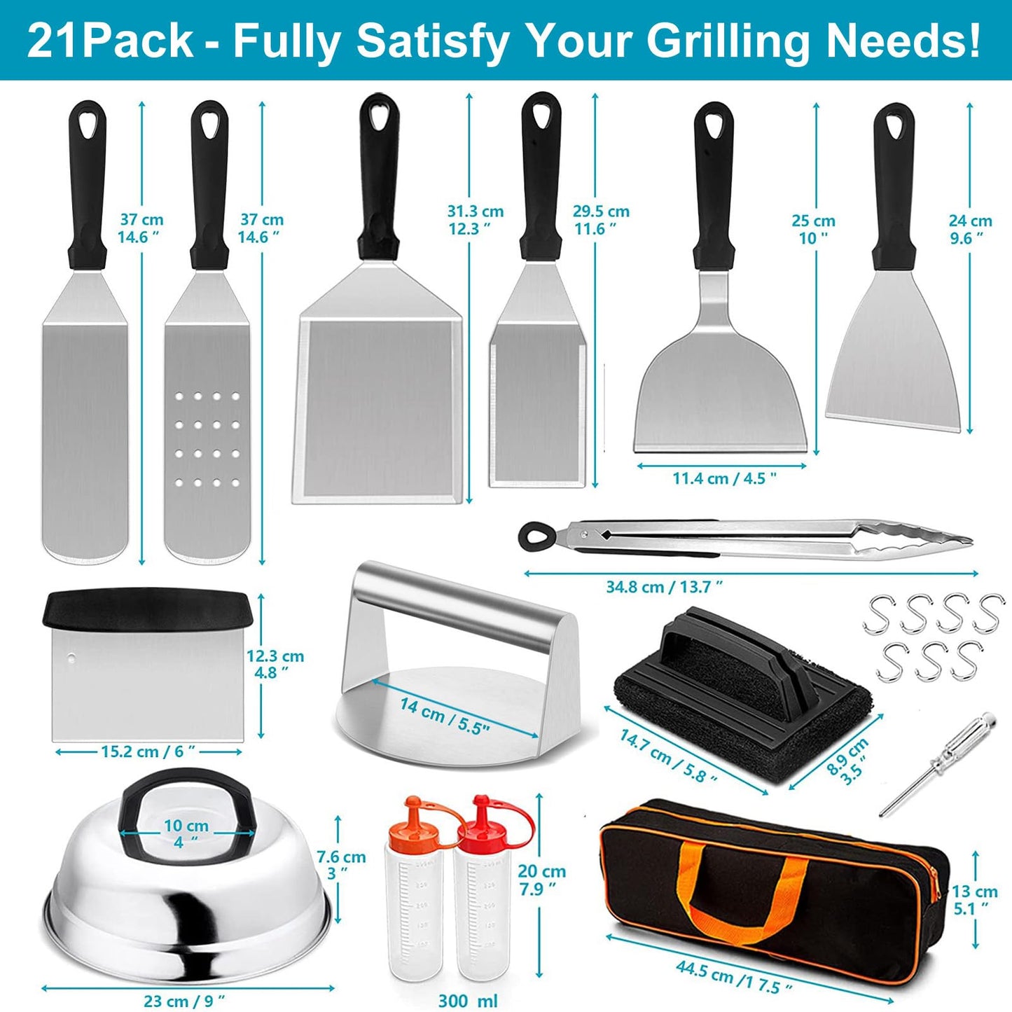 Leonyo 14 Pack Grill Accessories, Stainless Steel BBQ Grill Accessories, Griddle Spatulas, Scraper, Press, Tongs, Brush, Bottles, Hooks, Screwdriver, Carry Bag