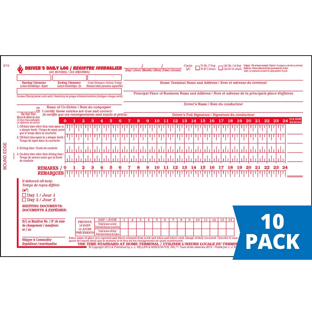 Canadian Bilingual Driver's Daily Log Book 10-pk. with Detailed Driver Vehicle Inspection Report - Book Format, 2-Ply with Carbon, 8.5" x 5.5" - 31 Sets of Forms Per Book - J. J. Keller & Associates