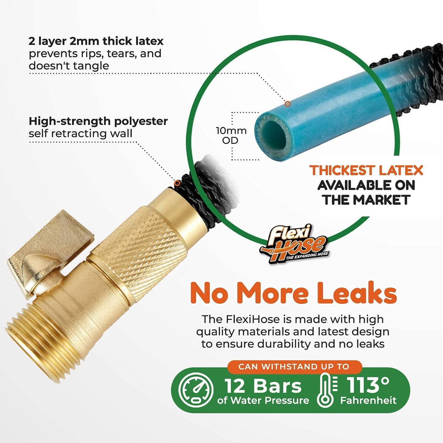 Flexi Hose Plus with 8 Function Nozzle Expandable Garden Hose, Lightweight & No-Kink Flexible Garden Hose, 3/4 inch Solid Brass Fittings and Double Latex Core, 50 ft Black