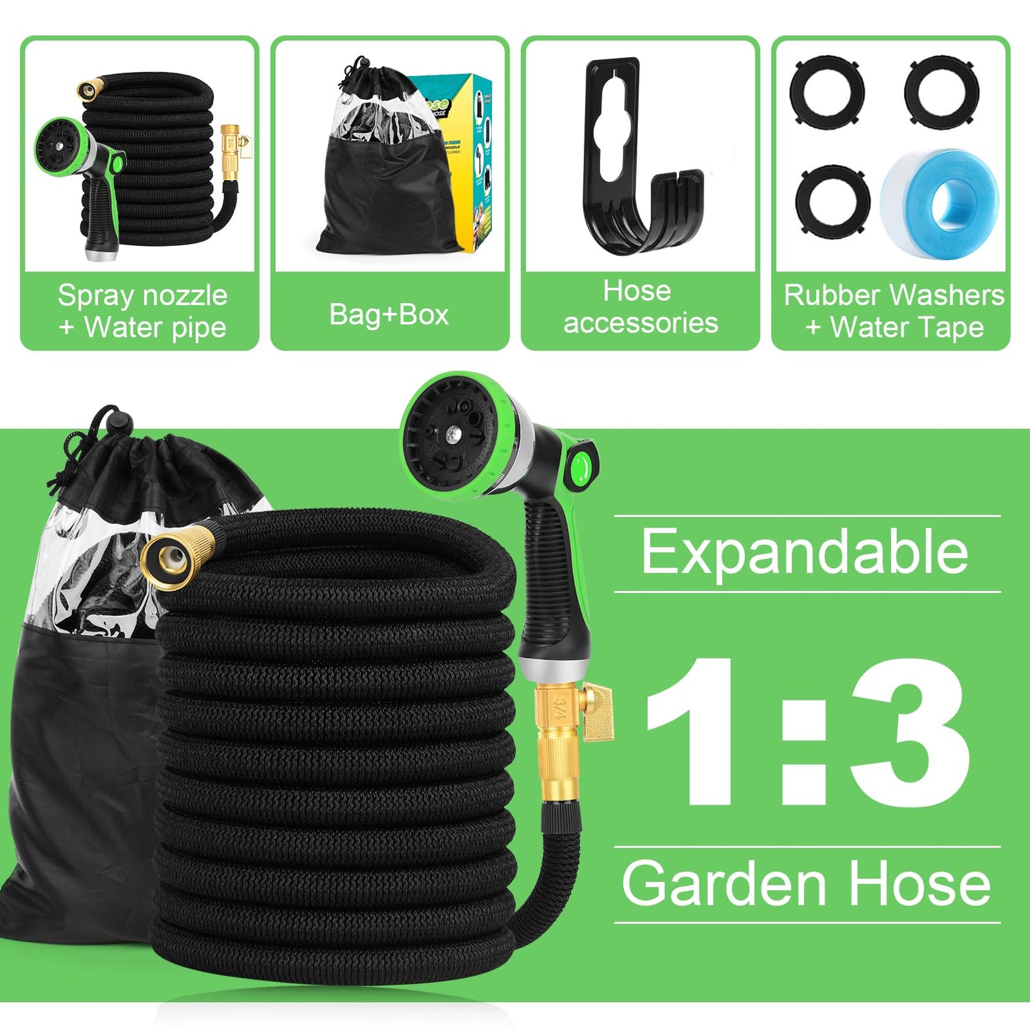 Expandable Garden Hose 100ft, Flexible Garden Hose with 10 Function Nozzle Multifunctional Watering Hose with Brass Connector Lightweight Retractable Long Hose Pipe with Hook and Storage Bag