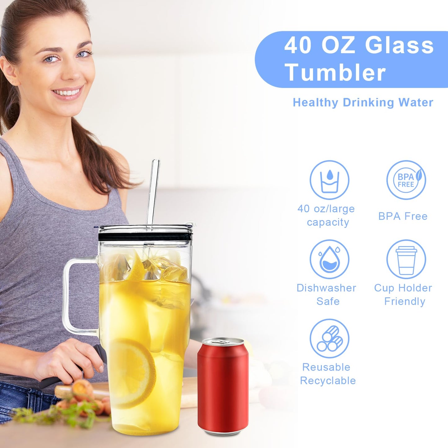 Glass Tumbler with Straws and Lids, 40oz Large Glass Coffee Tumbler with Handle, Clear Water Bottle for Car, Camping, Travel, and Outdoor Activities