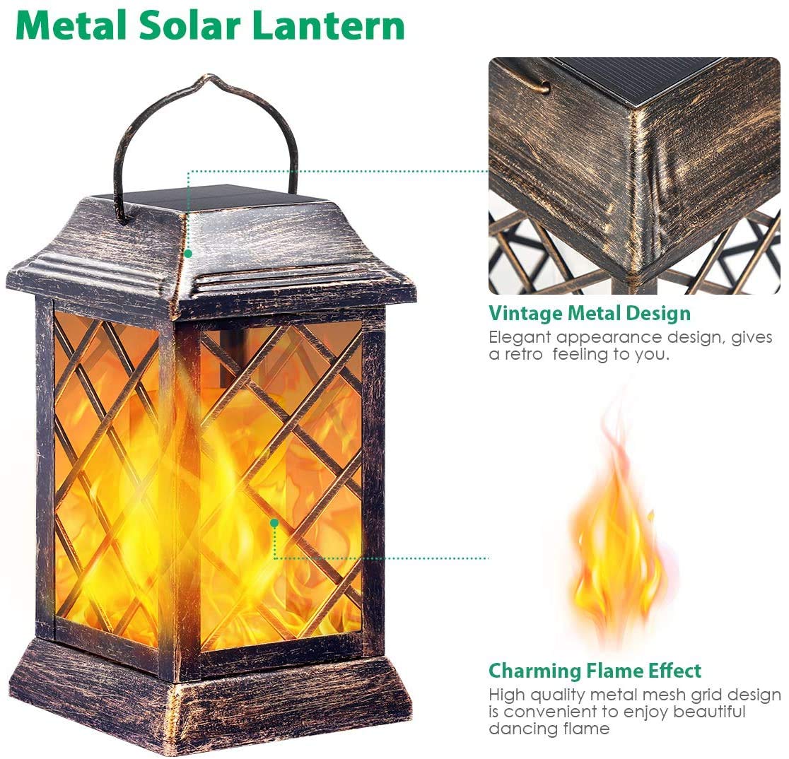 iRonrain Solar Lantern Lights Dancing Flame Waterproof Outdoor Hanging Lantern Solar Powered Umbrella LED Night Lights Dusk to Dawn Auto On/Off Landscape Decorative for Garden Patio Deck Yard Path 2 Pack (2Pcs Lantern)