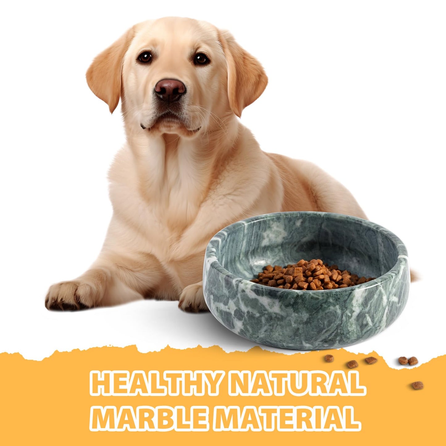 Natural Marble Dog Bowls, 5lbs Non-Slip Cat and Dog Food Bowl, No-Tip Weighted Dog Dish, Durable Food and Water Bowl, Easy to Clean, Holds 4 Cups(Indian Green)