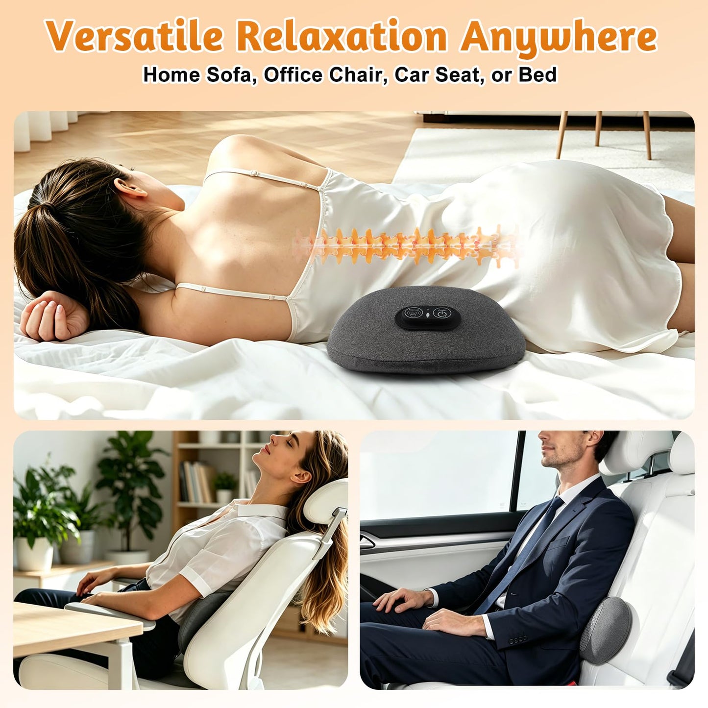KKYOYRE Smart 3-in-1 Back Massager Cushion with Adjustable Heat, Vibration & Traction, Portable Lumbar Pillow for Total Body Relaxation, Compatible with Home, Office, and Travel Use