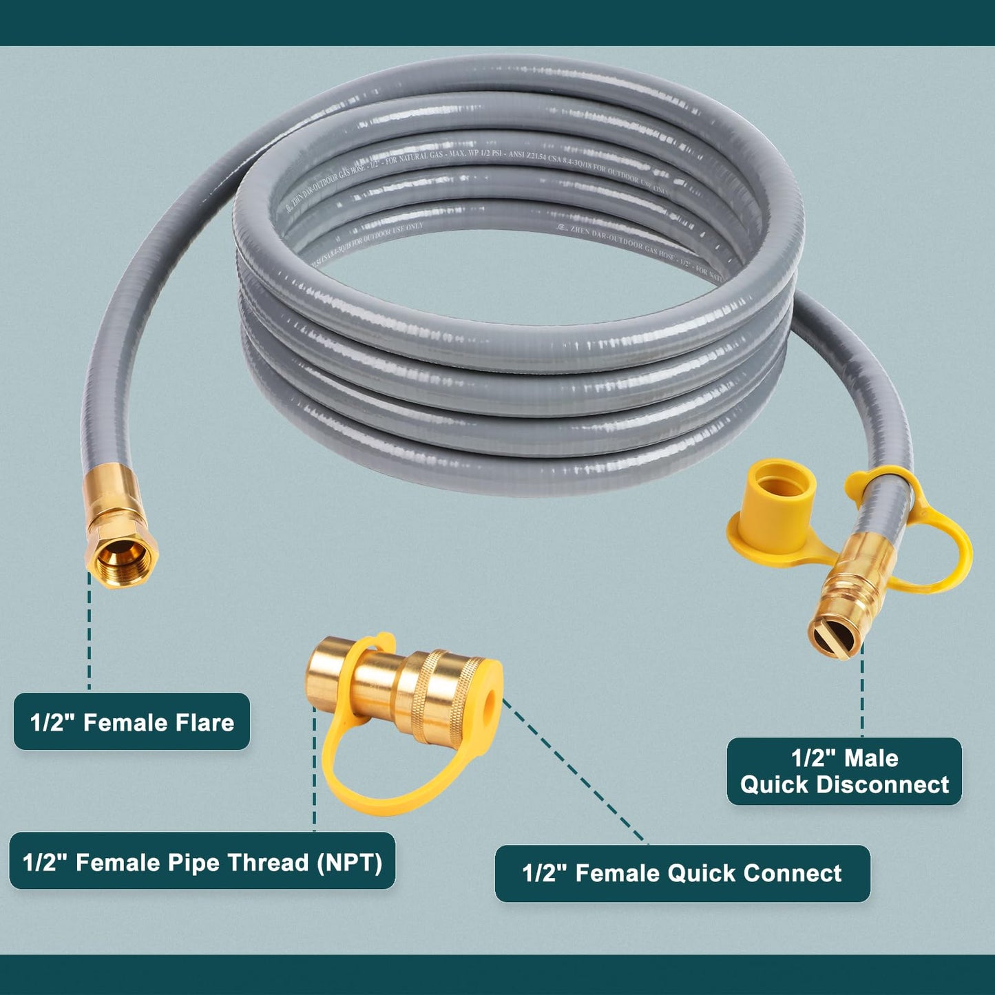 GASPRO 12FT 1/2" ID Natural Gas Hose, Low Pressure LPG Hose with Quick Connect, for Weber, Char-Broil, Pizza Oven, Patio Heater and More