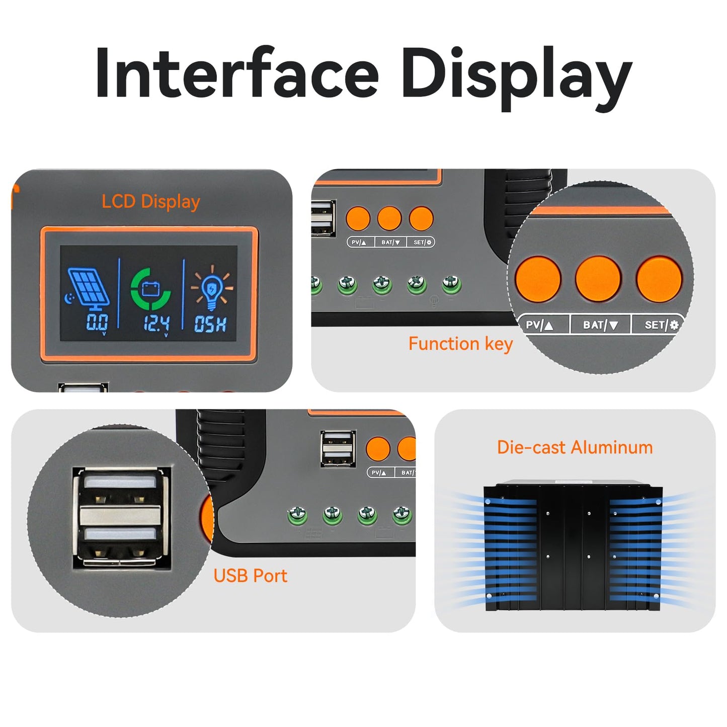 80amp Solar Charger Controller 12V 24V 36V 48V Auto, Solar Panel Charge Regulator Paremeter Adjustable LCD Display with Dual USB Load Timer Setting ON/Off Hours