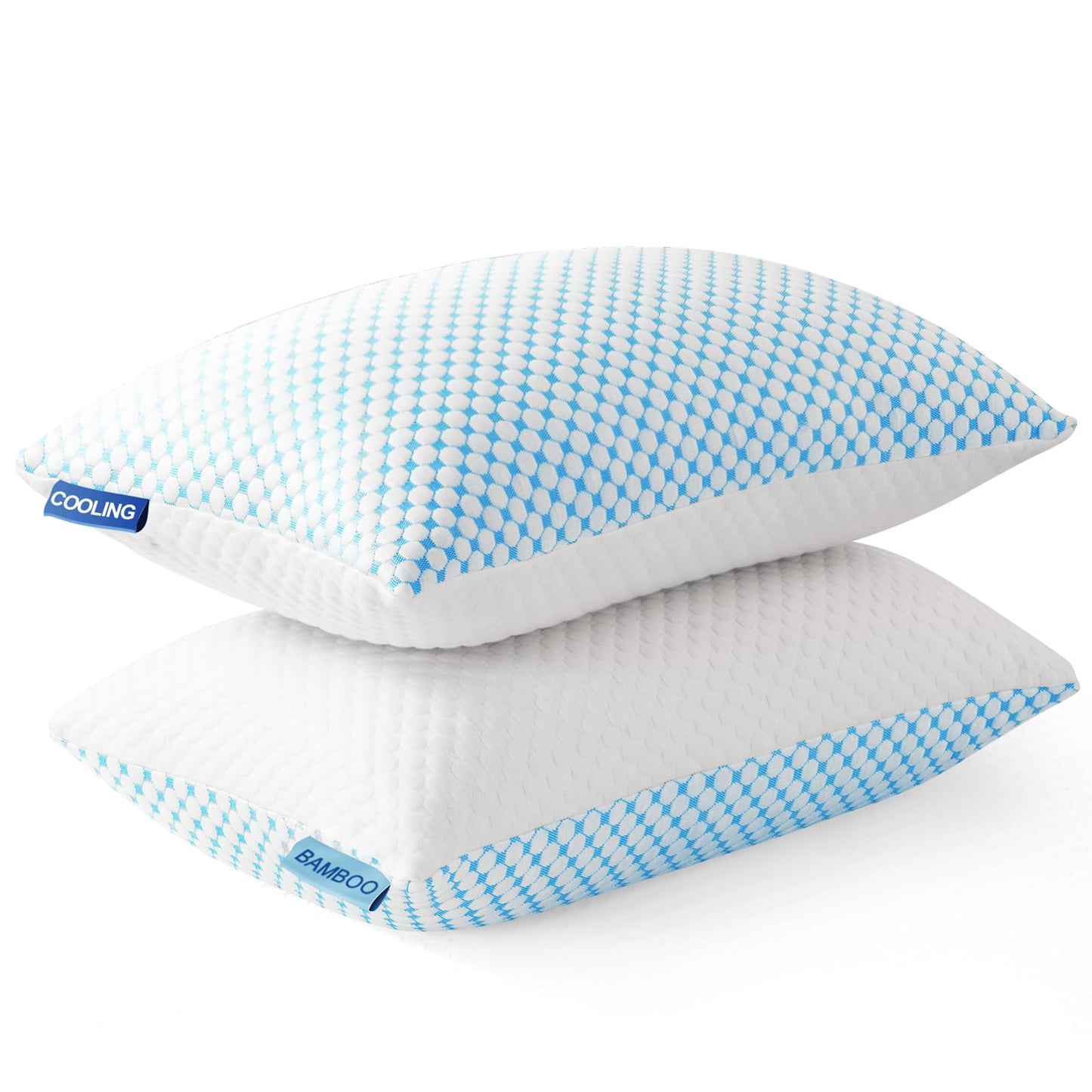 EASELAND Firm Pillow Shredded Memory Foam(Adjustable Loft), Breathable Cooling Bed Pillows Supportive for Side Back Stomach Sleepers Queen Size 2 Pack Blue and White