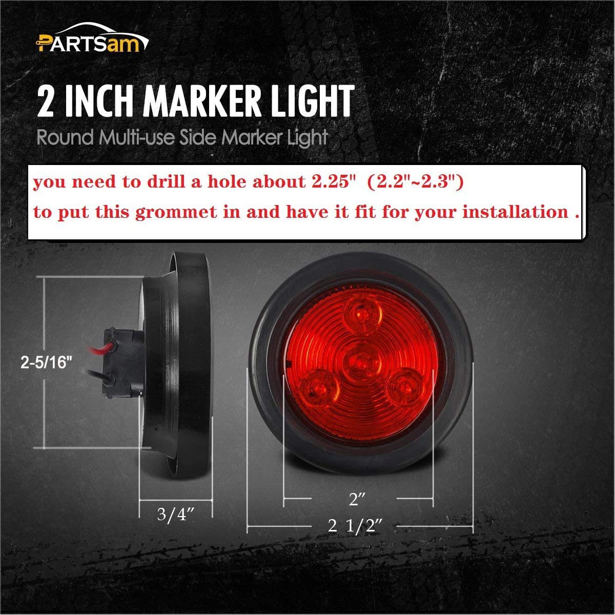 Partsam 10Pack(5 Amber + 5 Red) 2" 4LED Round Trailer Side Marker Light Grommet Flush Mount, [DOT Approved] Sealed 2 inch Clearance Lights with Reflex Lens for Truck RV Camper, IP67 Waterproof, 12V