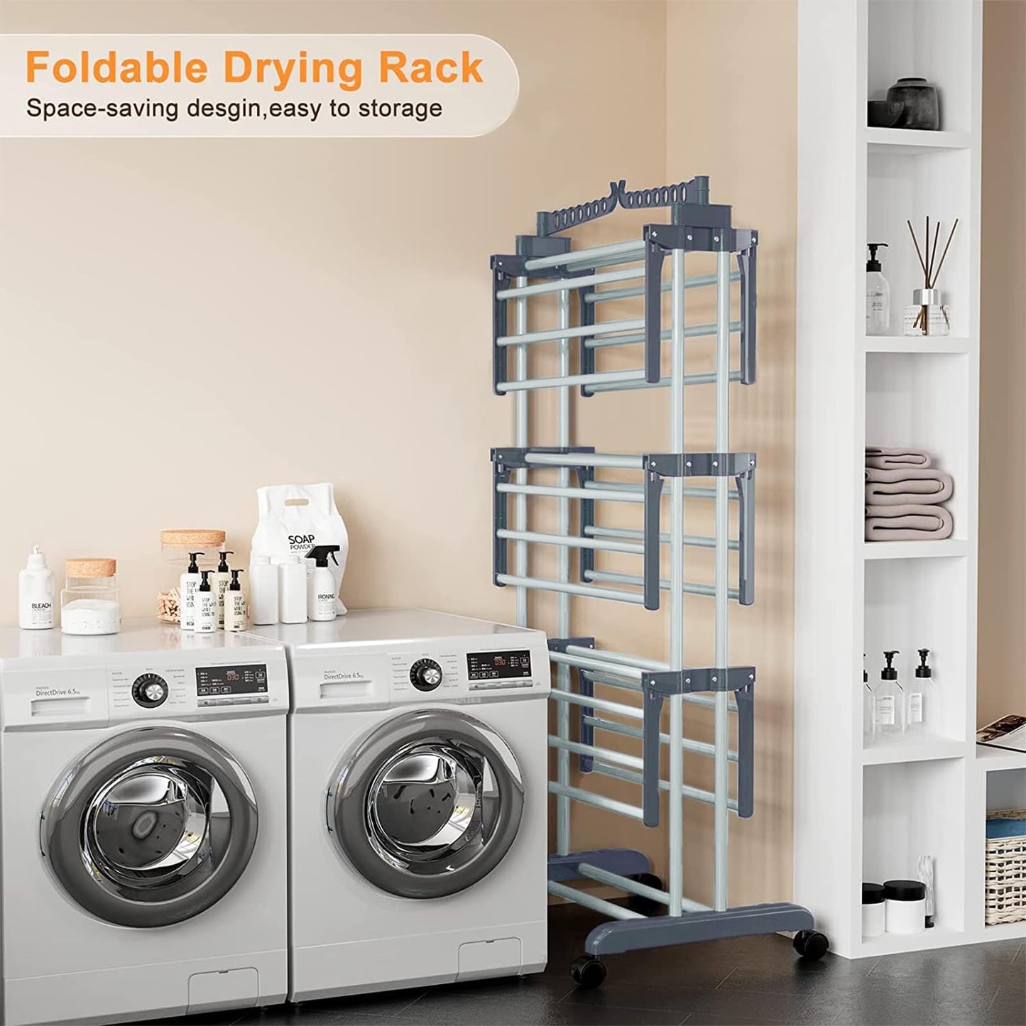 NEWBUY Clothes Drying Rack 4-Tier Foldable Laundry Drying Rack Rolling Clothing Hanger Stainless Steel for Indoor Outdoor Use Space-Saving (Grey)