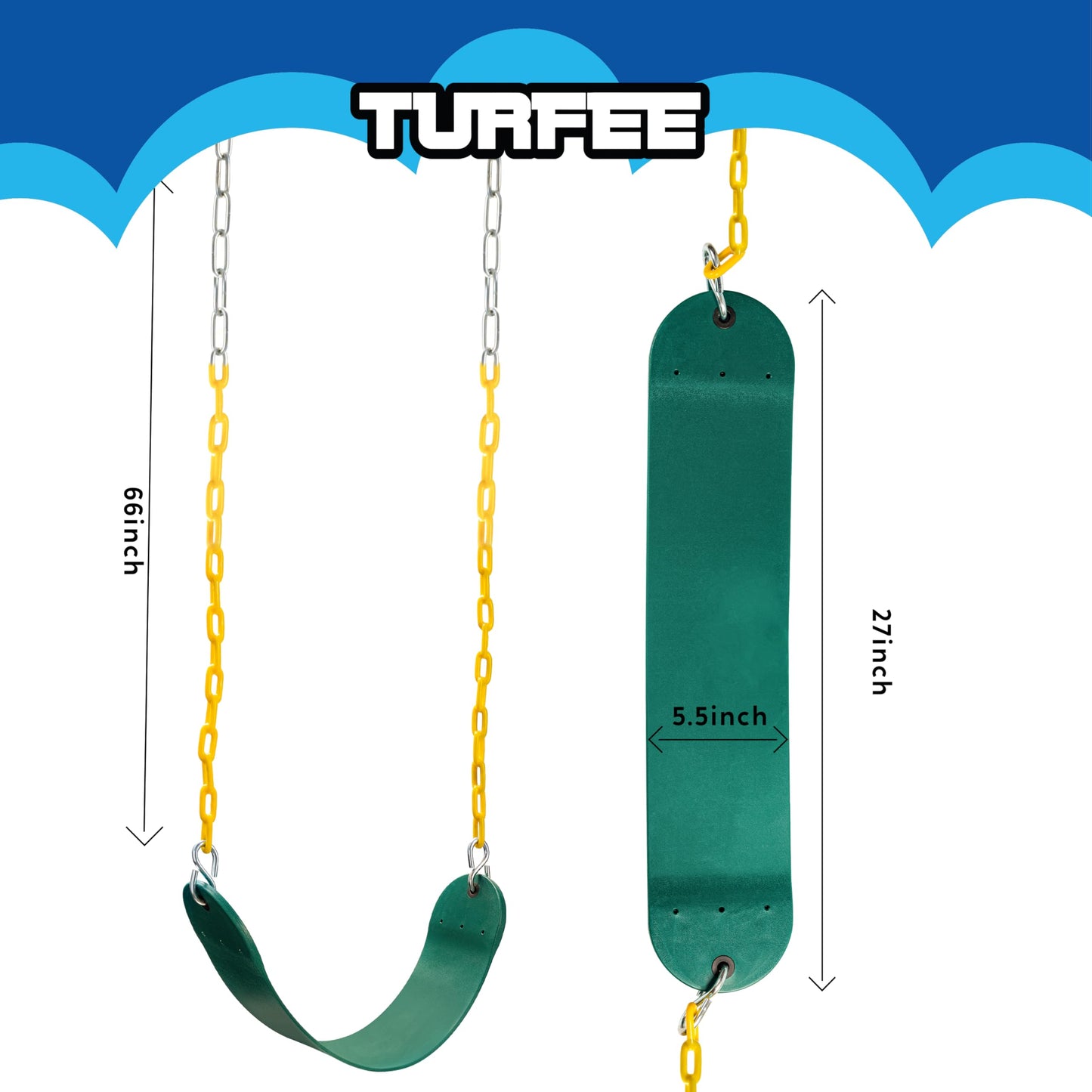 TURFEE Heavy Duty Swing Seat Green Color with 66” Chain, Swing Set Accessories Replacement with Snap Hooks for Kids Outdoor Play Playground Swing, Trees, Swing Set