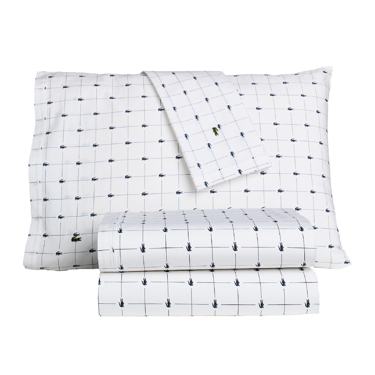 Lacoste 100% Cotton Percale 4-Piece Sheet Set – Cool, Crisp, Matte, and Durable, Oeko-Tex Certified – Print, Slice, Navy, Queen