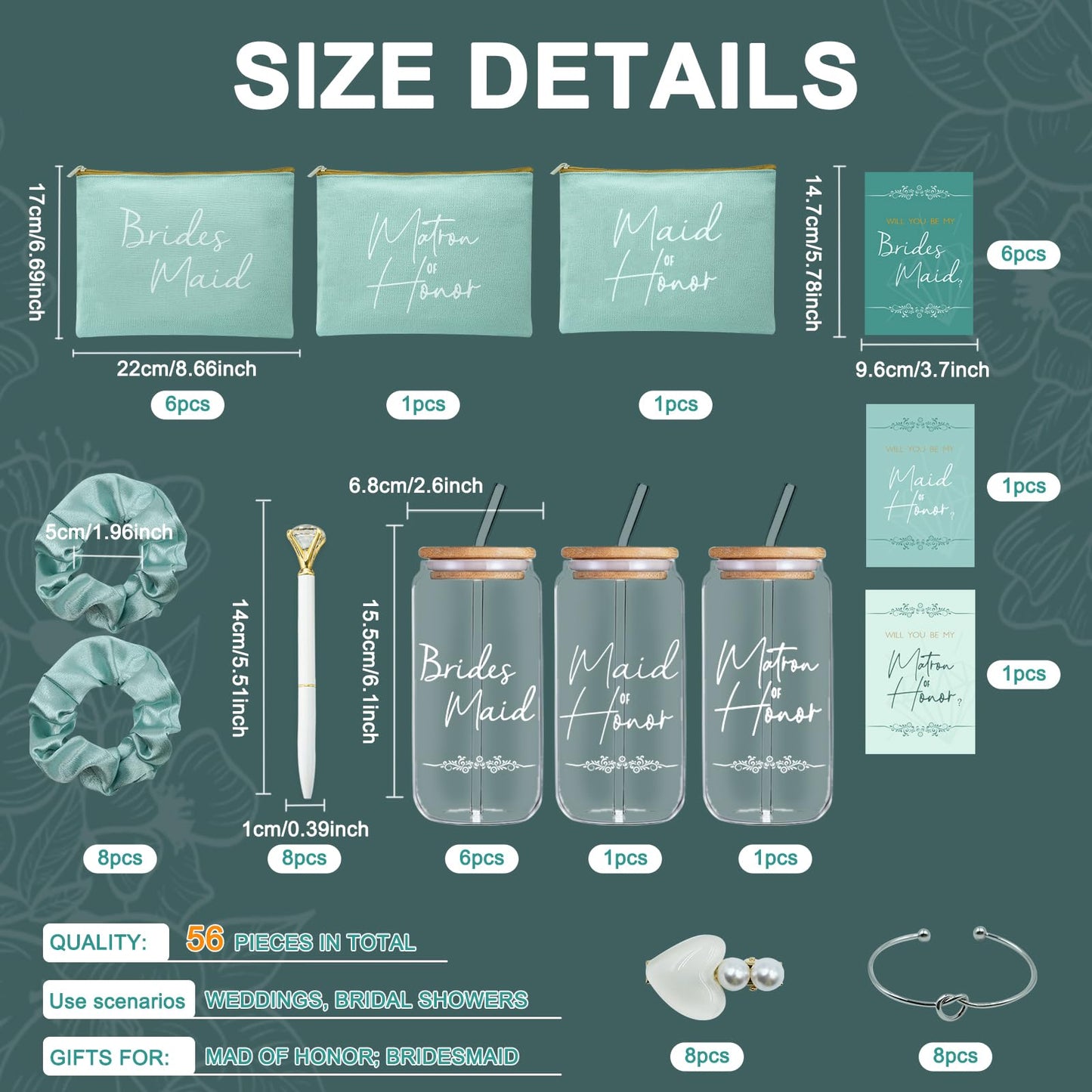 KIKINIKO 56 pcs Bridesmaid gifts bridesmaid proposal gifts, Maid of Honor Gifts contain 16oz Glass Cups Cosmetic Makeup Bags Invited Cards Scrunchies Hair Knotted Bracelets Diamond Pens love clip,