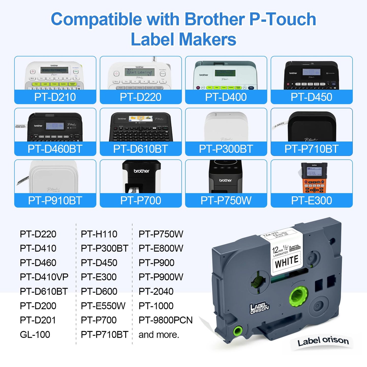 Label Orison 10Pack Label Tape TZe-231 TZ-231 Compatible with Brother P-Touch 12mm Tze Tz Tape Cartridge Cassette Refills for PT-H110 PT-D210 PT-D400 Label Maker,Black on White,12mm x 26.2Feet(1/2x8m)