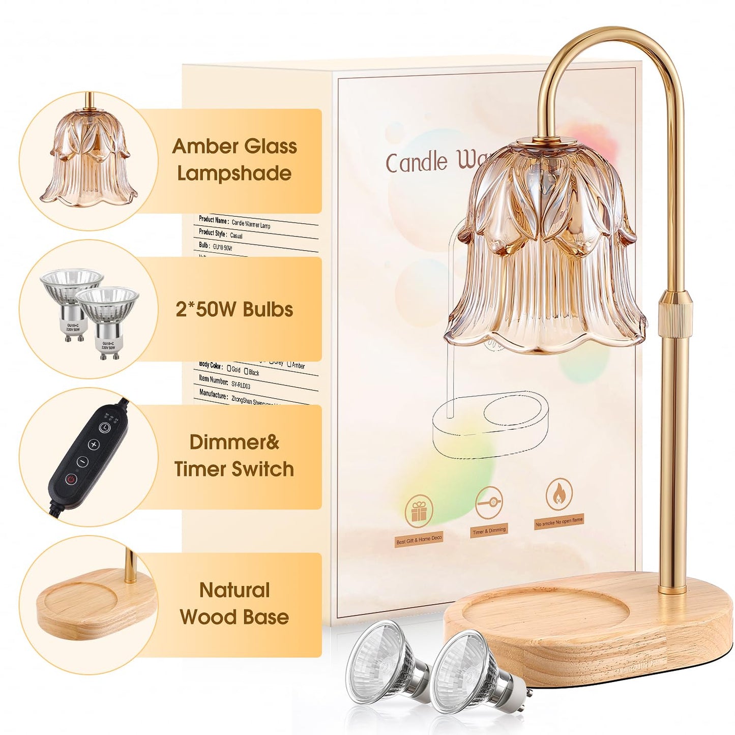 Candle Warmer Lamp with Timer - Adjustable Height Electric Candle Warmer Lamp with Dimmer, Flower Glass Shade Wax Melt Warmer with Wood Base, Dimmable Halogen Candle Warmer for Jar Candles Home Decor