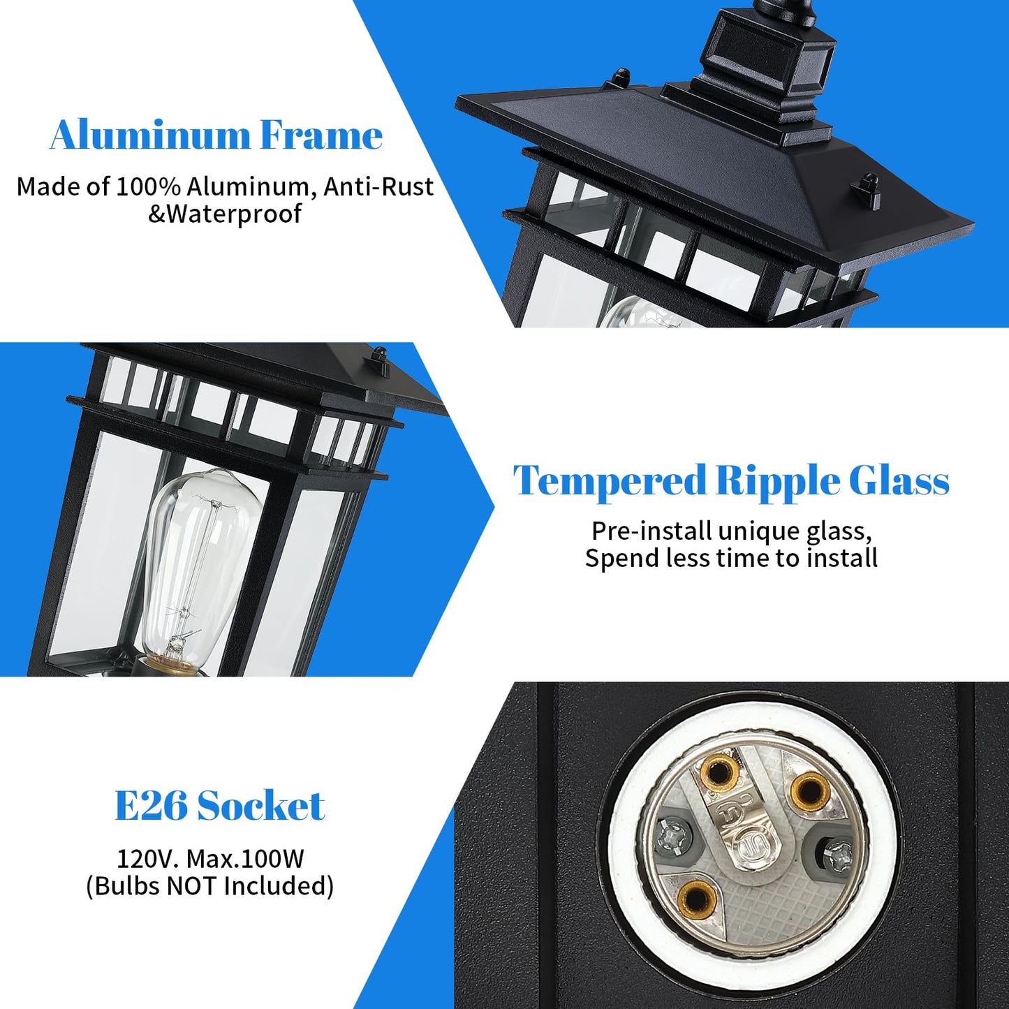 17.6'' Outdoor Post Light 2 Packs, Black Pole Lantern Lighting Fixture Hard Wired, Waterproof Outdoor Column Lights Exterior Lamp Post Lantern with Glass for Garden Path(Not Include Mounting Base)