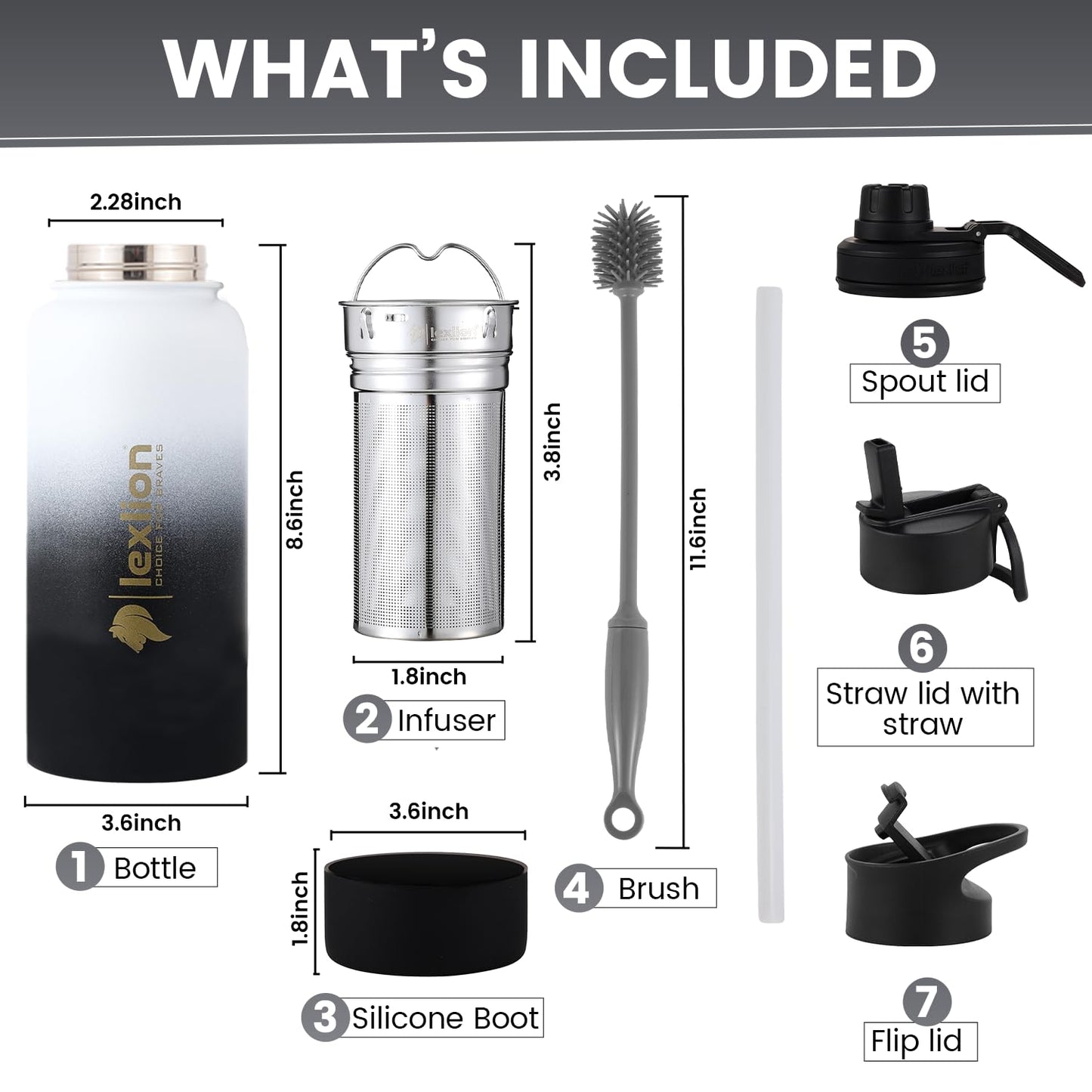 Lexlion Water Bottle 32 Oz, Triple Walled Insulated Stainless Steel Reusable, Wide Mouth, Fruit Diffuser-Thermal Leaf Infuser, Silicone Sleeve&Cleaning Brush, 3 Lids Leak Proof, Metal Mug Gallon