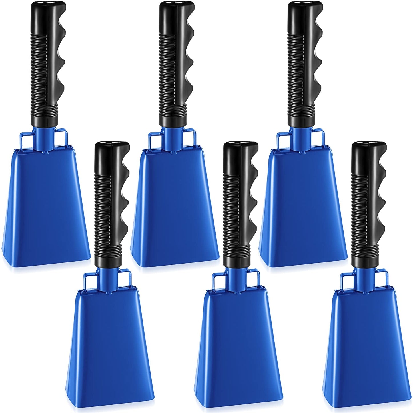 6 Pack Blue Cow Bell Noise Makers with Handles, Cowbell Cheering Bell for Sporting Events, Football Games, Large Solid School, Musical Instrument Cowbell Alarm Cheers for Farm Games, 3 x 2 x 9 Inch