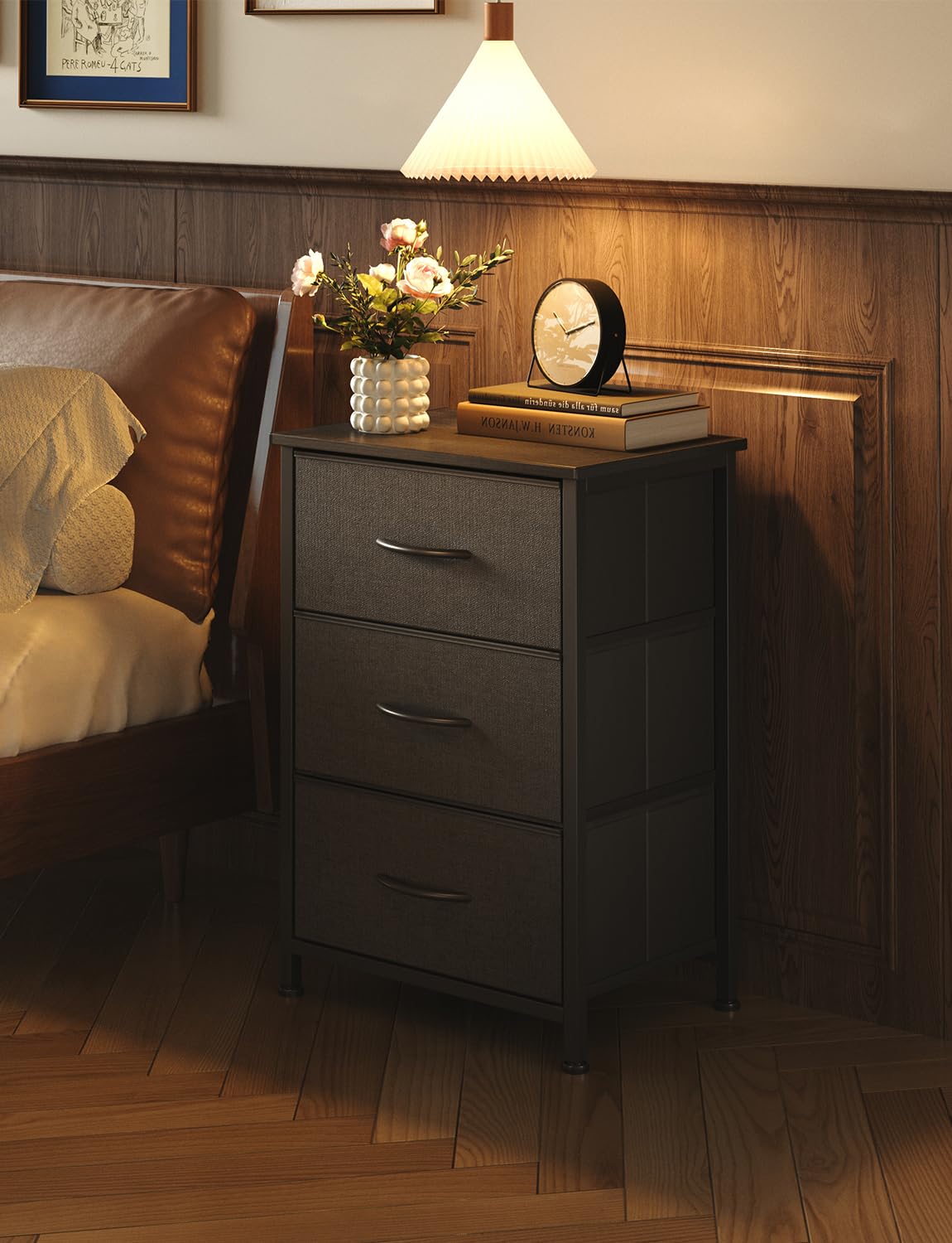 KitMent Night Stands, Beside Table End Table with 3 Fabric Drawers, Beside Furniture to Storage, 3 Bins for Bedroom, Kids Closet Dorm Guest Room, Black