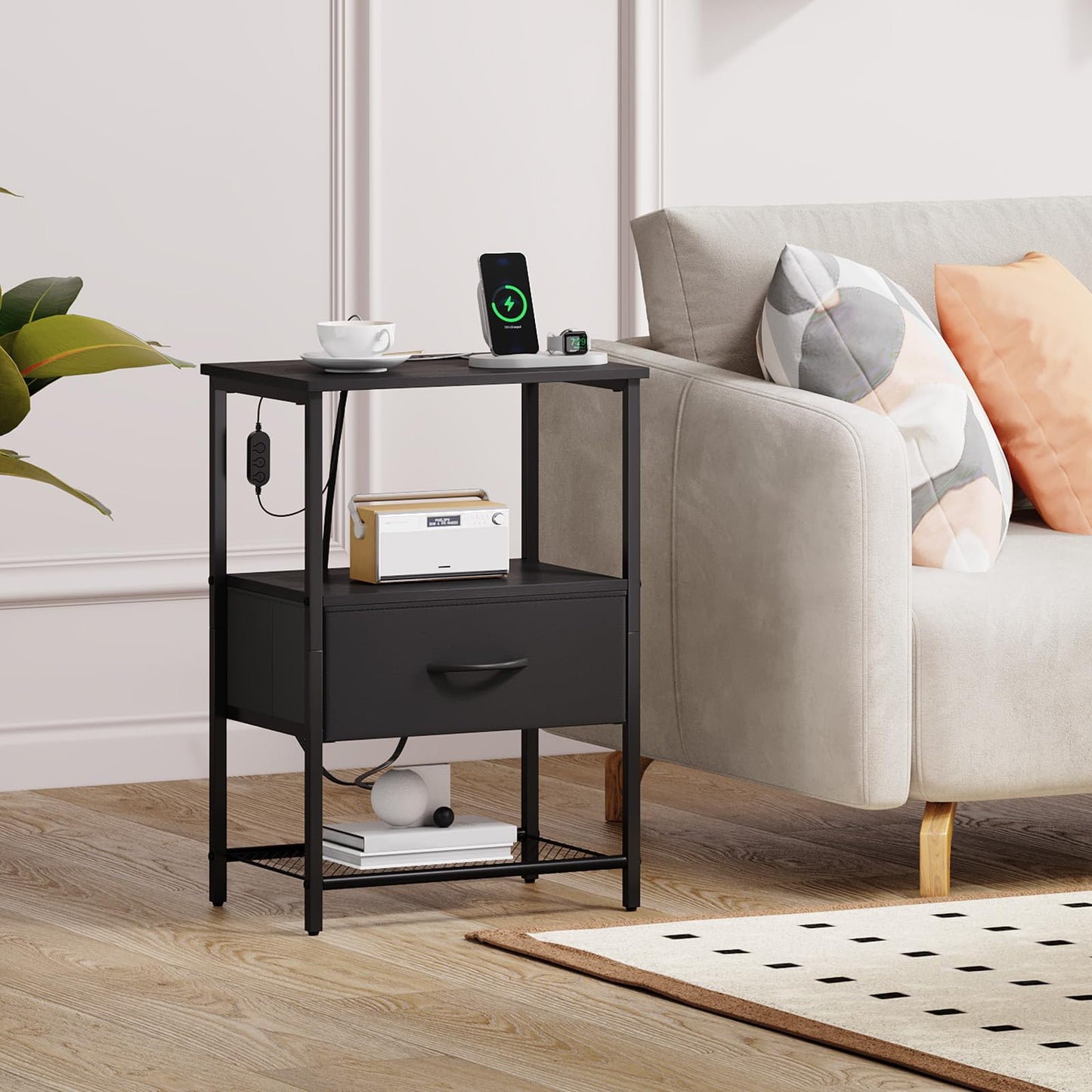 Somdot Nightstands with Charging Station, Bedside Table with LED Light for Bedroom, End Table with Drawer for Bedside, Closet Entryway Hallway, Black