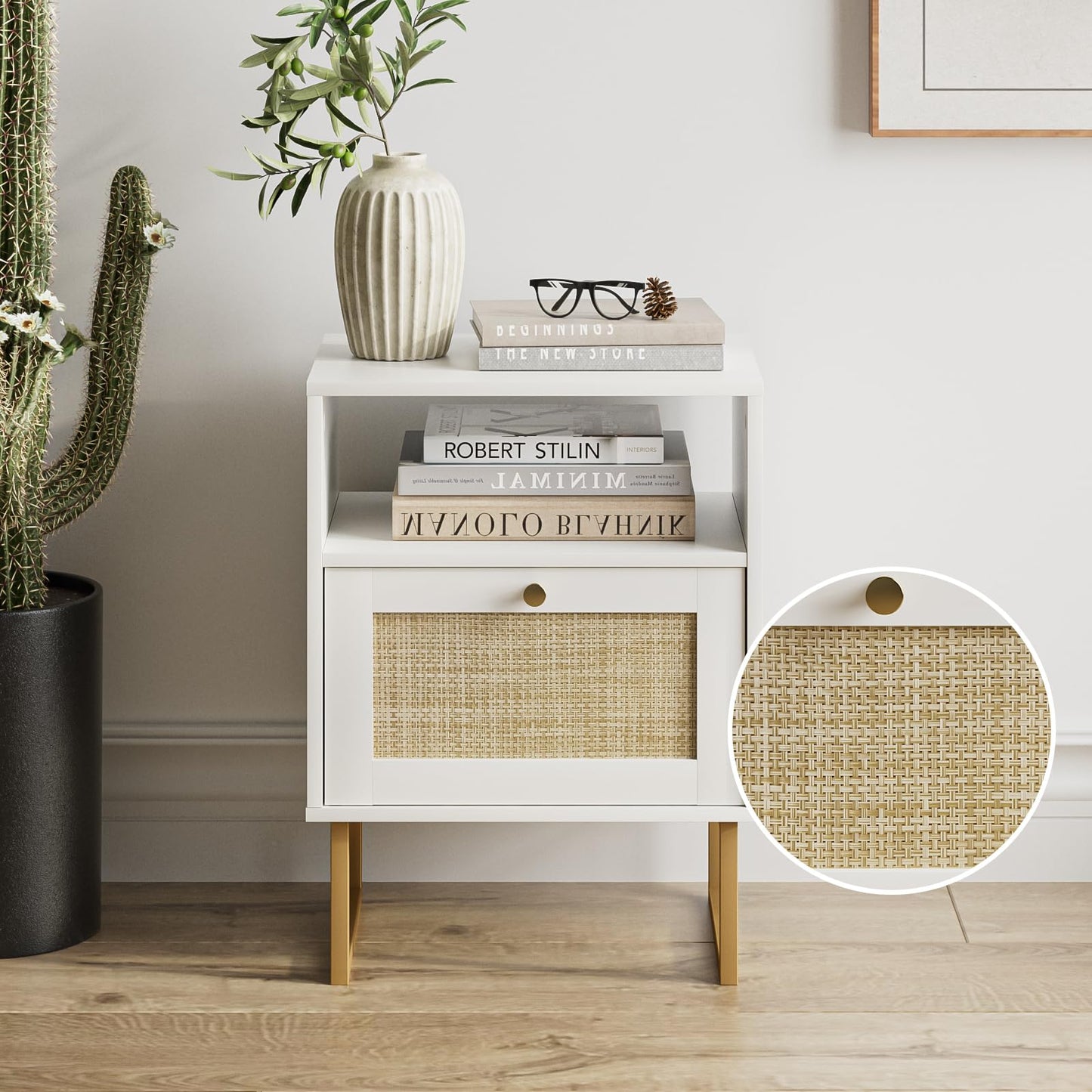 Masupu Rattan Nightstand,Modern Boho Farmhouse Wood Side Table with Storage Drawer and Open Shelf,Small Gold Frame Bedide End Table for Bedroom,Living Room,Office,White