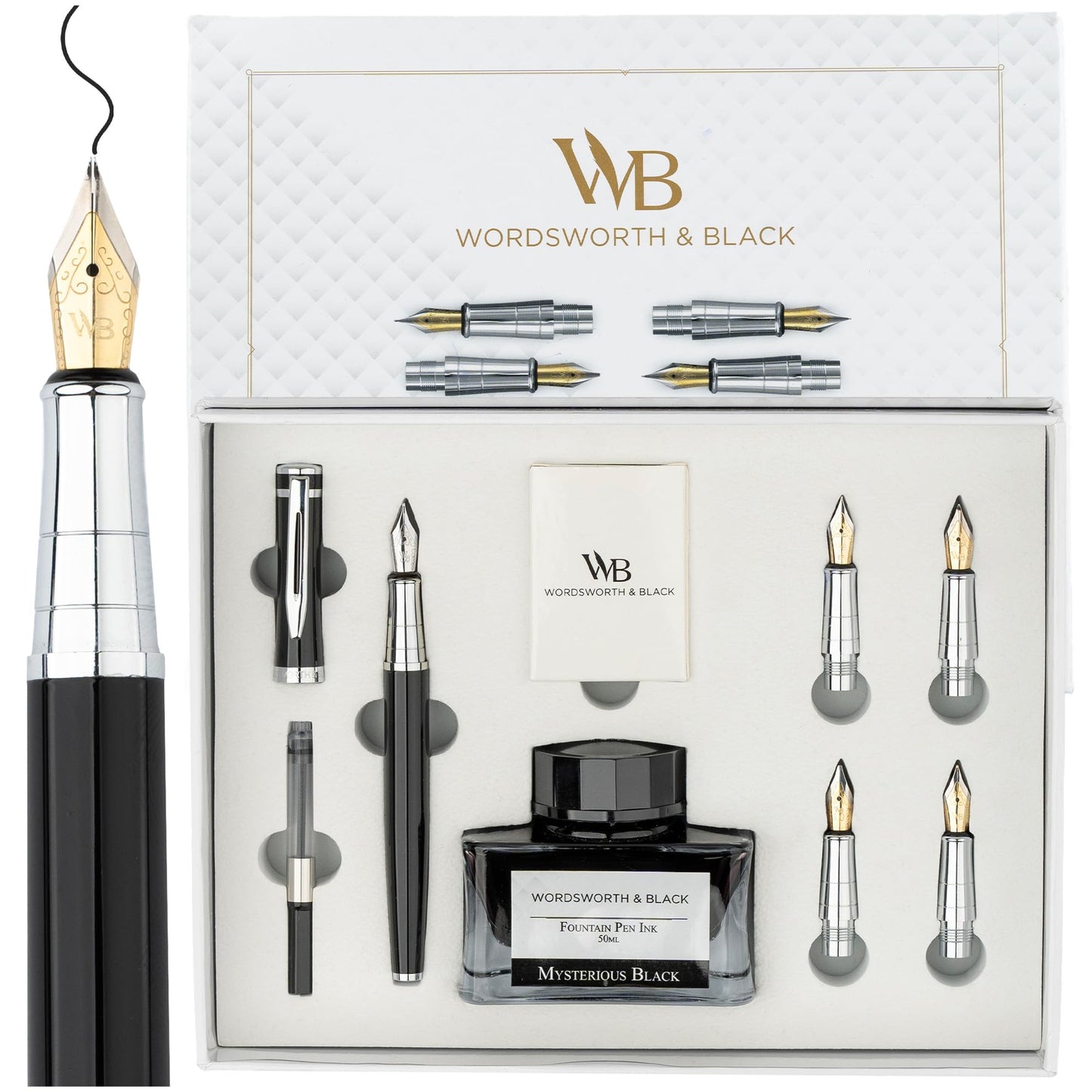 Wordsworth & Black Fountain Pen Gift Set, Includes Ink Bottle, 6 Ink Cartridges, Ink Refill Converter, 4 Replacement Nibs, Premium Package, Journaling, Calligraphy, Smooth Writing Pens [Black Chrome]
