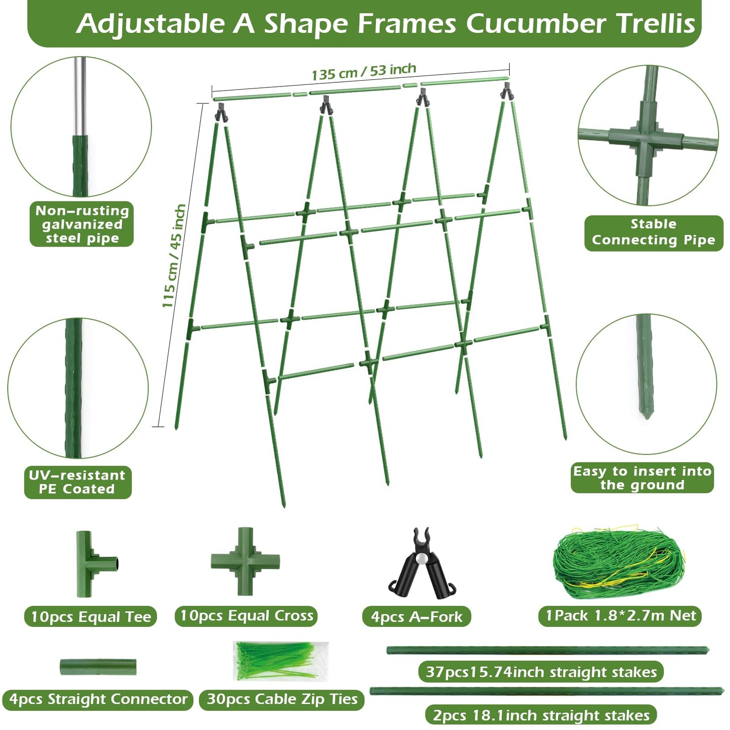 Cucumber Trellis for Raised Beds, 45 x 53 Inch Adjustable Size A-Frame Garden Trellis for Climbing Plant Outdoors with Climbing Net and Plant Support Clip for Vegetable Grape Tomato Garden Supplies