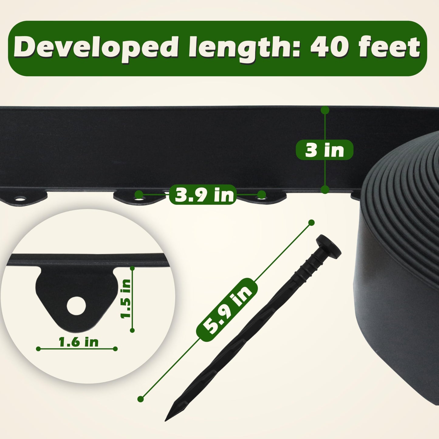 Gardzen Landscape Edging Kit, 40-Foot Long, 3-Inch Tall Garden Edging Border for Flower Beds, Tree Rings, Pathways, Includes 40 Spikes