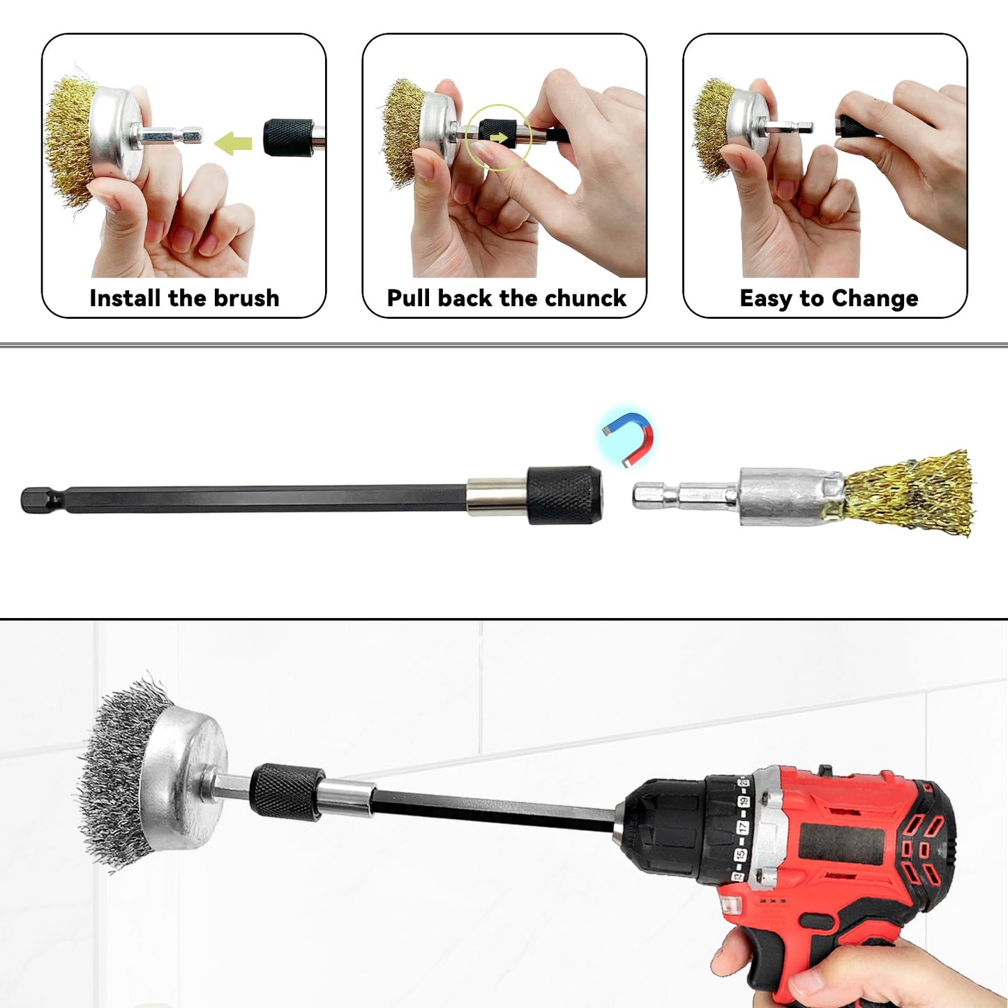 Daily Treature 10 Pack Wire Wheel Cup Brush Set for Drill Abrasive with 1/4" Hex Shank,Extension Rod for Safty,Brass Coated Crimped Drill Sanding Attachment，Metal Brush for Drill Rust Removal