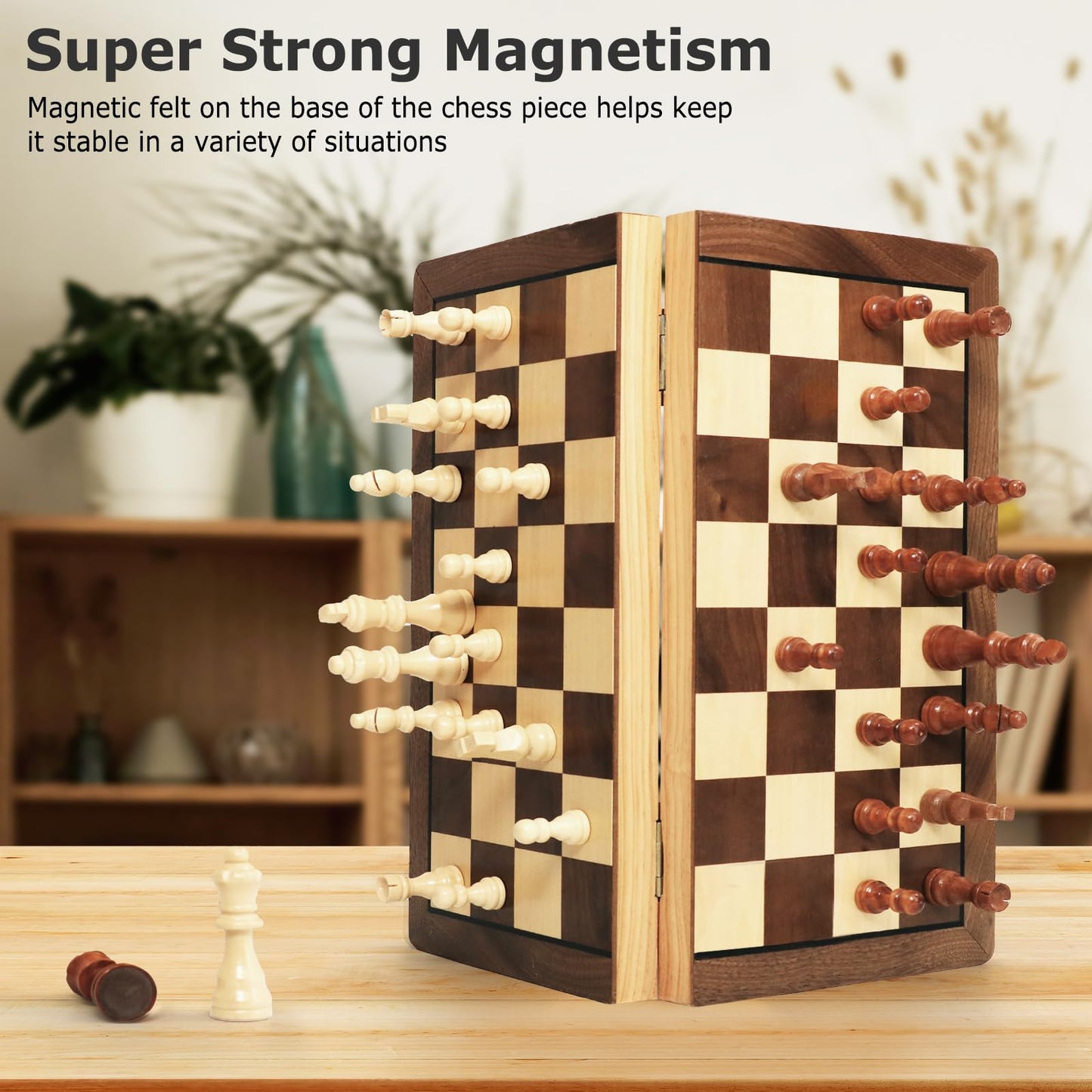 15.35 Inch Magnetic Wooden Chess Set, Exqline Large Chess Board Set with 2 Extra Queens, Handmade Portable Travel Folding Board Games, Beginner Tournament Chess Set for Kids and Adults