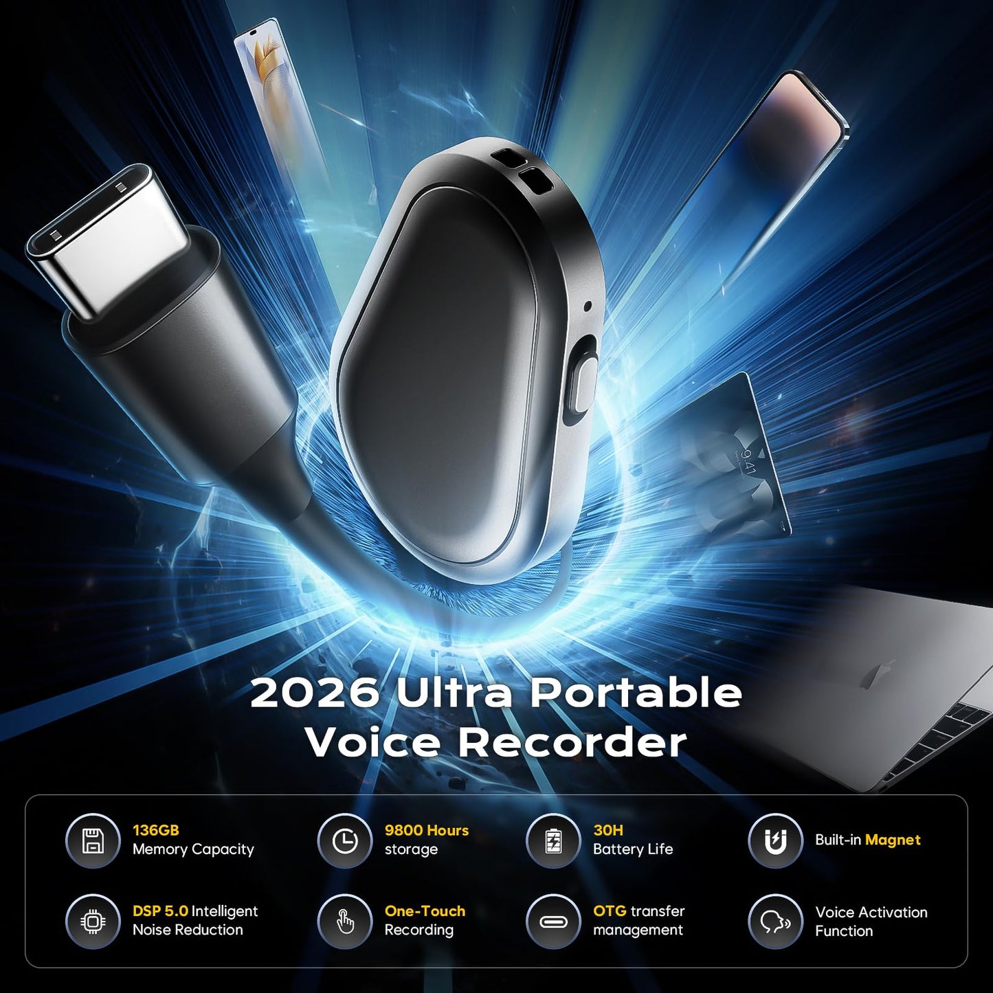 Zutiifeu 136GB Magnetic Voice Recorder - 9800H Recording Time, HD Audio Noise Reduction, Voice Activated Recorder with Long Battery Life Portable Audio Recorde for Meeting, Lecture, Interview